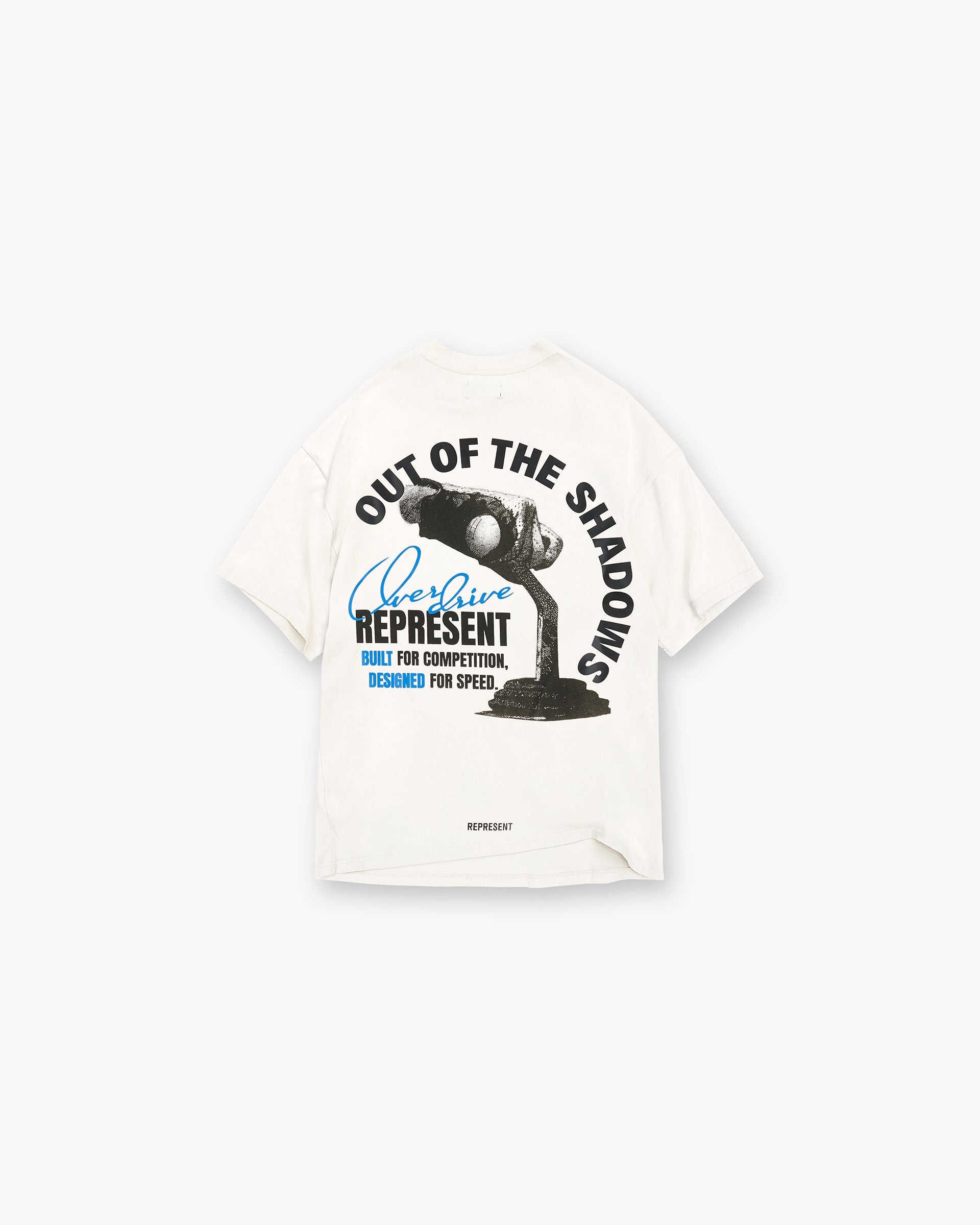 Back product image of a mens white t-shirt on a plain white background | Out Of The Shadows T-Shirt in Flat White | Boxy fit t-shirt with high build print | SS25 T-Shirts | Represent Clo