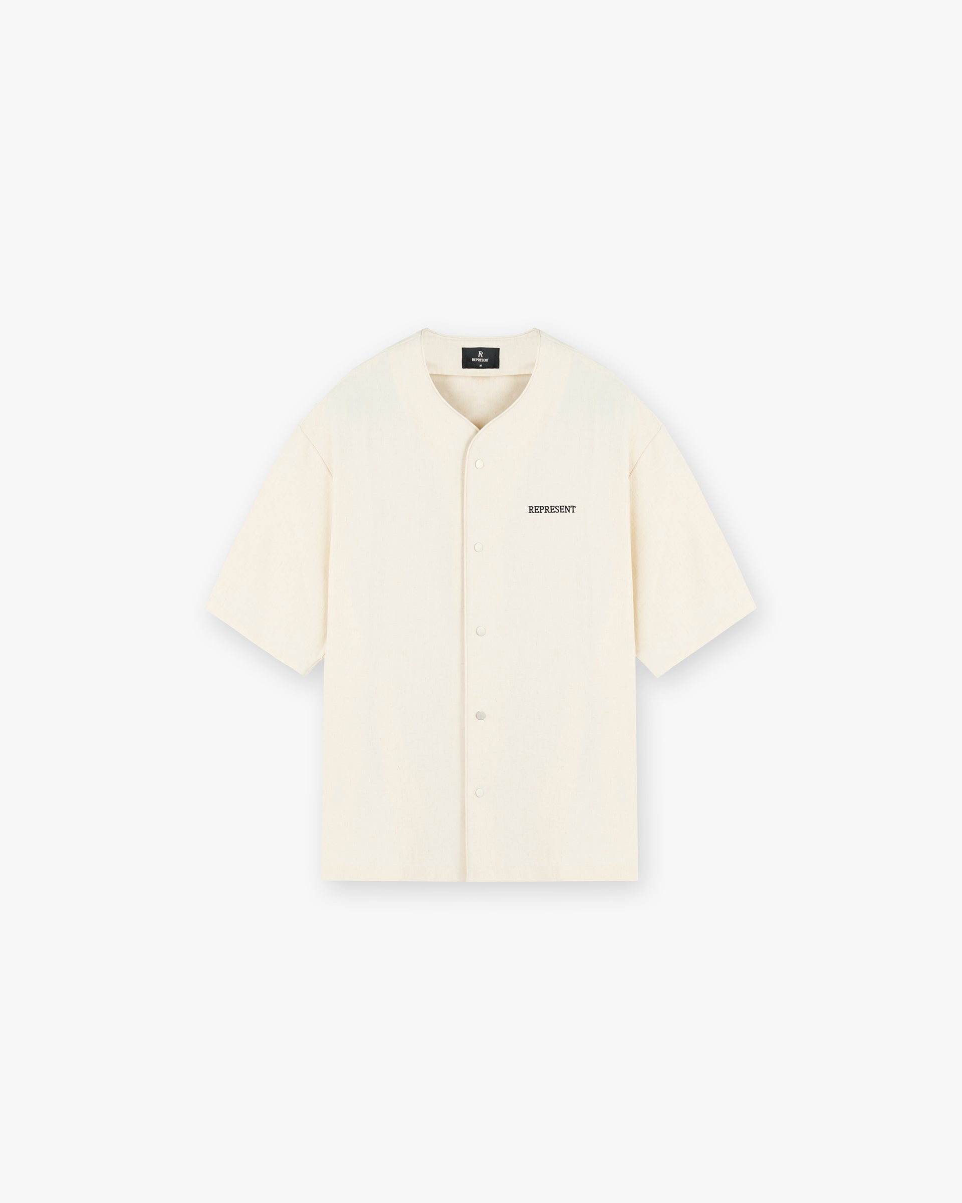 Front product image of a mens white baseball shirt on a plain white background | Baseball Shirt in Antique White | Oversized baseball shirt with Cobrax popper and ribbed trims | FW24 Shirts | Represent Clo