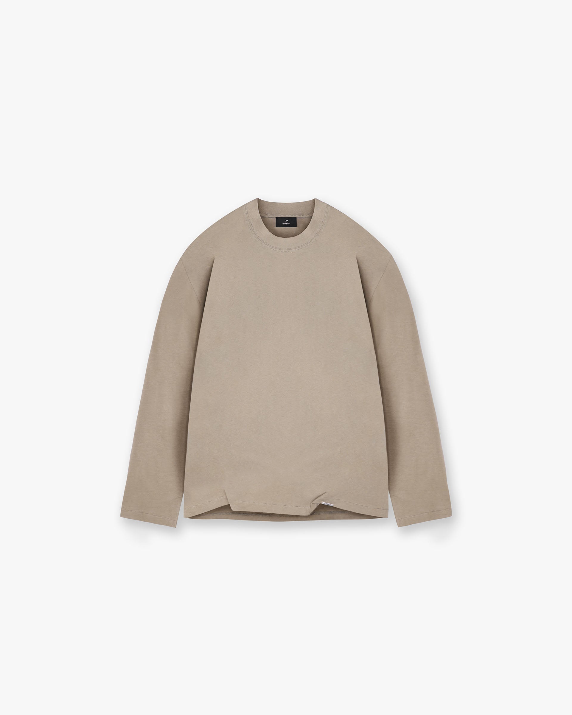 Front product image of a mens beige long sleeve t-shirt on a plain white background | Initial Long Sleeve Open Cuff T-Shirt in Dune | Long sleeve t-shirt with open cuffs | Initial T-Shirts | Represent Clo