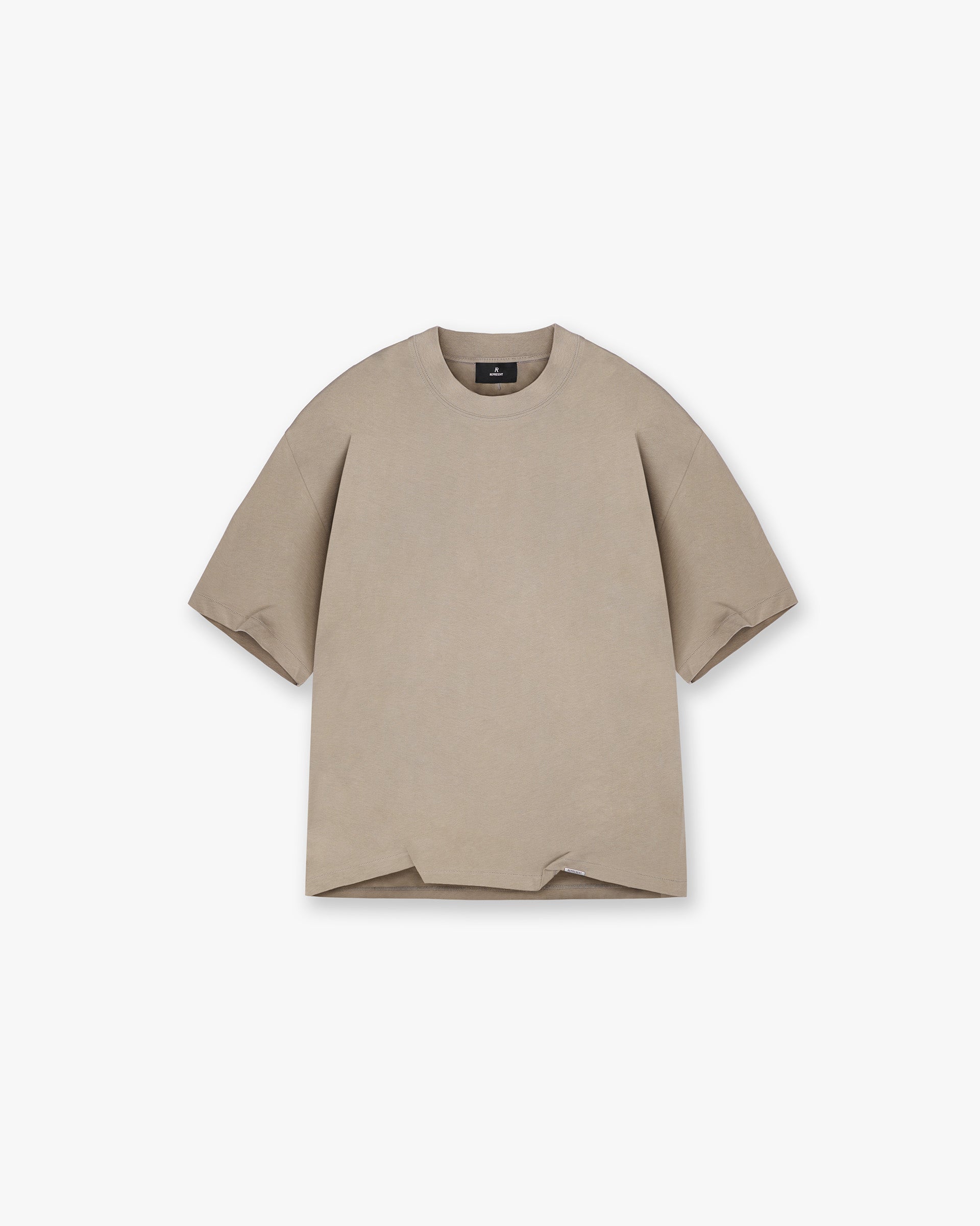 Front product image of a mens beige t-shirt on a plain white background | Initial Boxy T-Shirt in Dune | Boxy fit t-shirt | Initial T-Shirts | Represent Clo