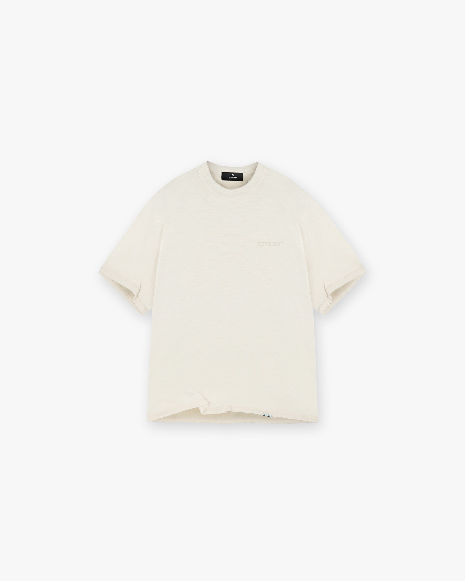 Front product image of a mens white t-shirt on a plain white background | Slub T-Shirt in White Sand | Oversized fit t-shirt with floral graphics | FW24 T-Shirts | Represent Clo