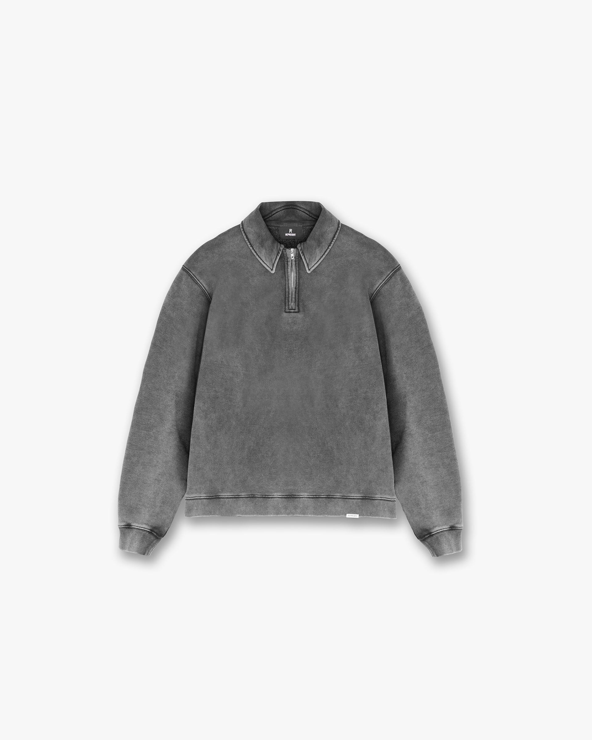 Front product image of a mens grey quarter zip sweater on a plain white background | Initial Boxy Quarter Zip in Vintage Grey | Regular fit sweater with 1x1 rib collar | Initial Sweaters | Represent Clo