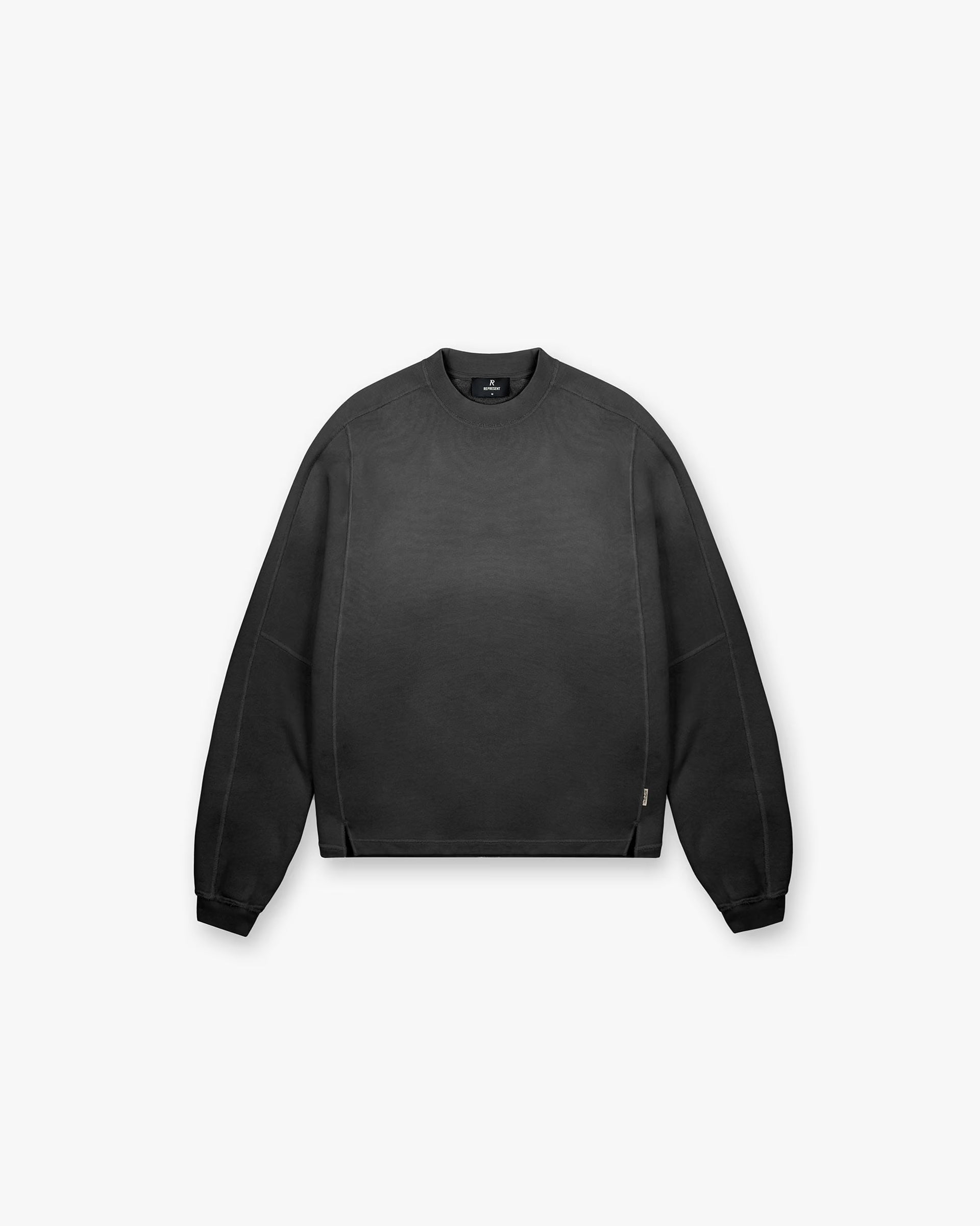 Front product image of a mens black sweatshirt on a plain white background | Stepped Hem Sweatshirt in Stained Black | Sweatshirt with stepped hem | FW24 Sweaters | Represent Clo