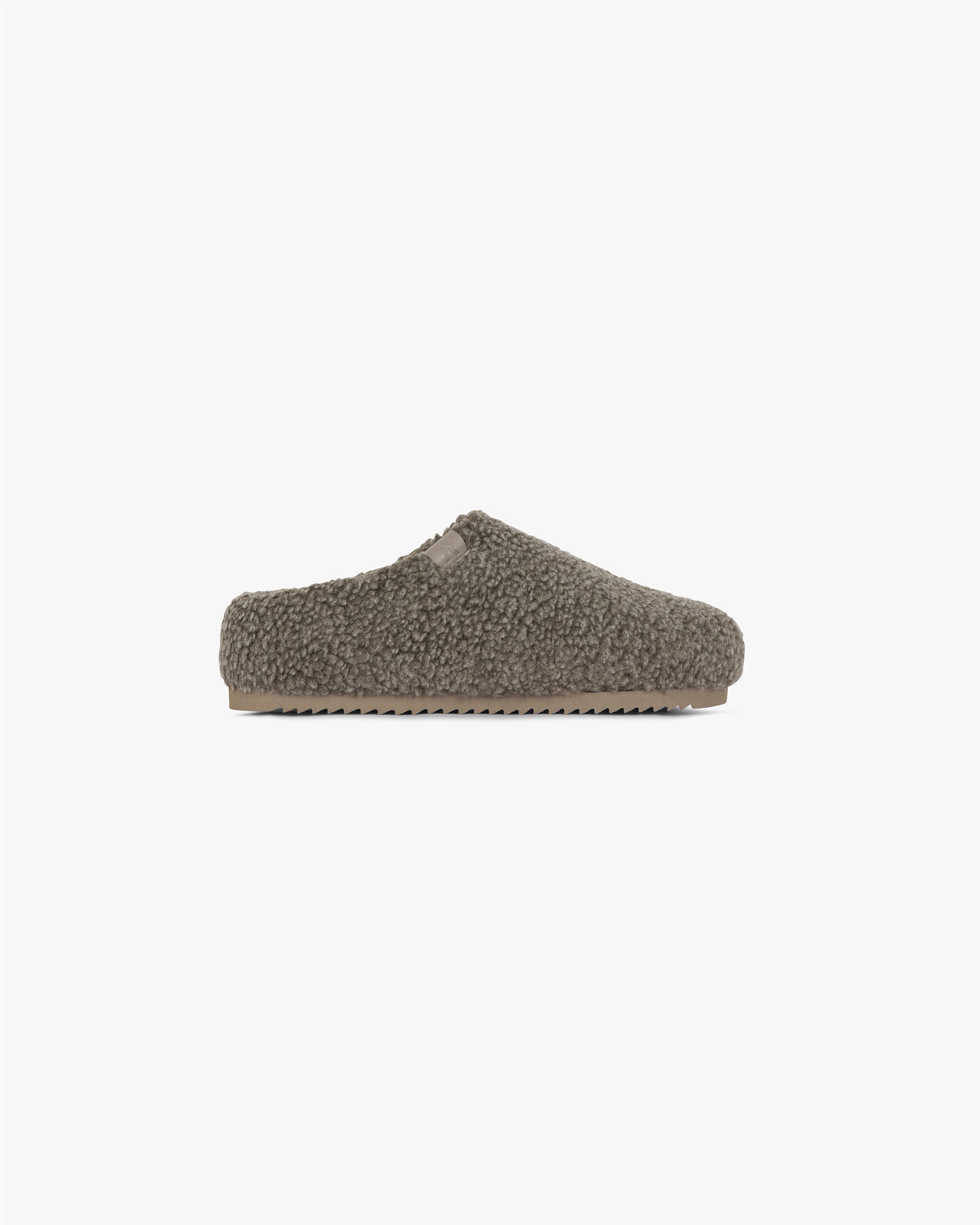 Front product image of a womens grey mule on a plain white background | Fluffy Mule in Rock | Leather footwear with fluffy exterior | FW24 Footwear | Represent Clo