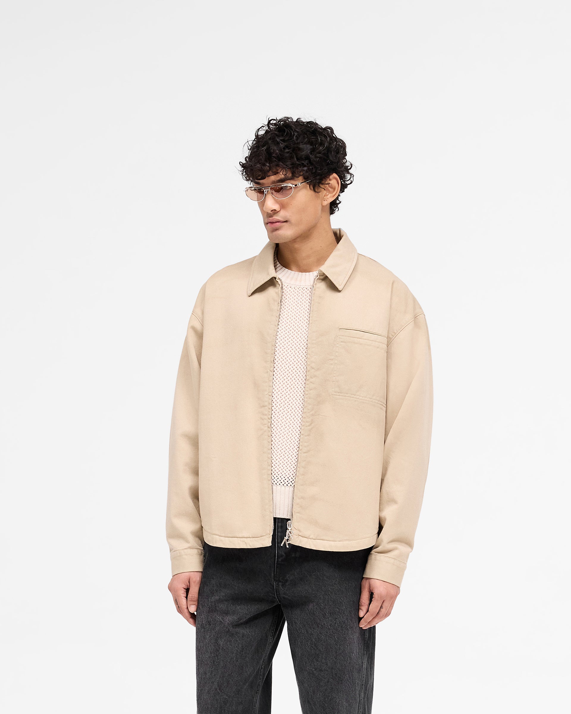 Back product image of a mens beige cotton shirt on a plain white background | Cotton Zip Through Shirt in Beige | Shirt with double zips and chest pocket | SS25 Shirts | Represent Clo