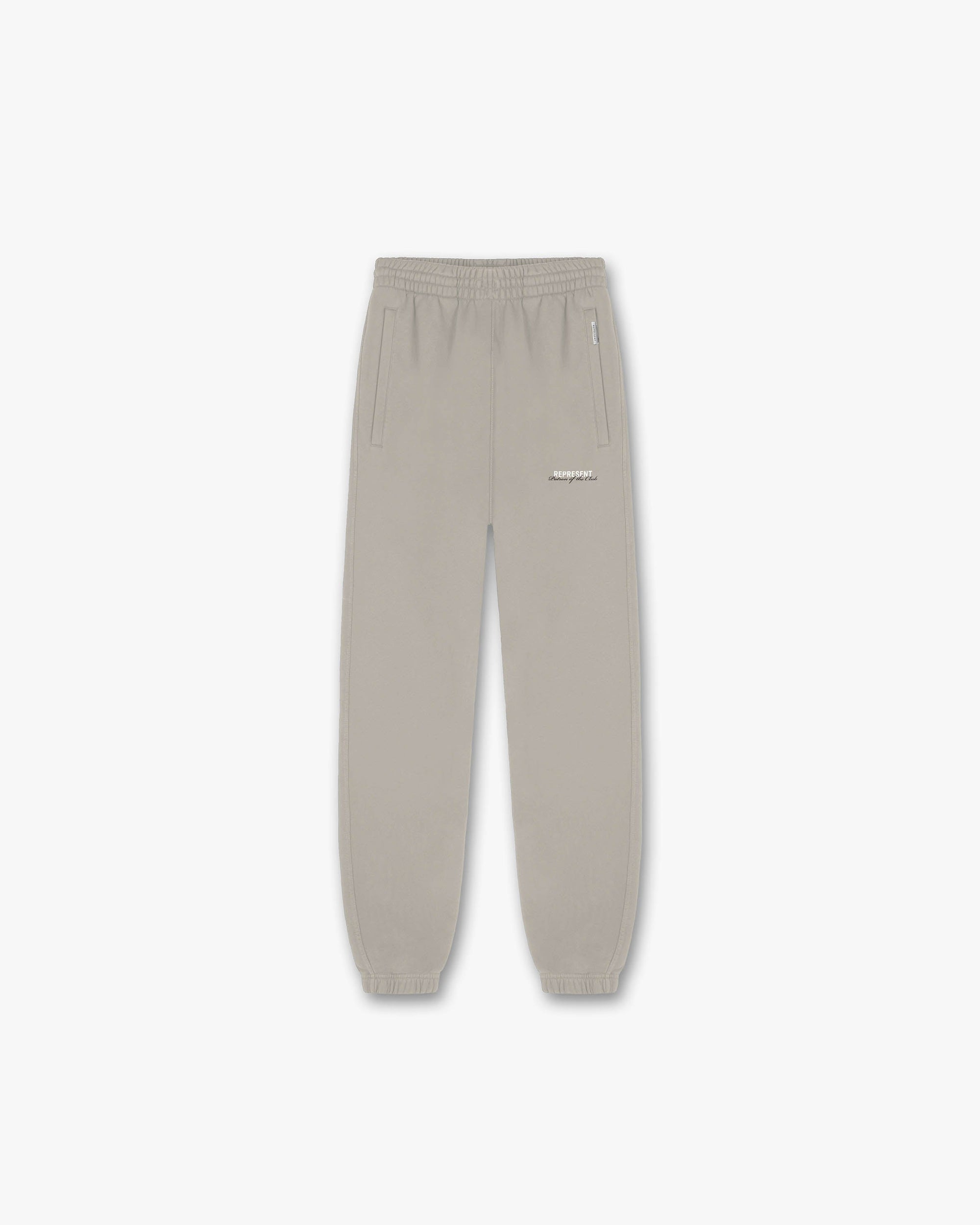 Front product image of mens brown sweatpants on a plain white background | Patron Of The Club Sweatpant in Mudstone | Sweatpants with luxury jersey cotton | Patrons Pants | Represent Clo