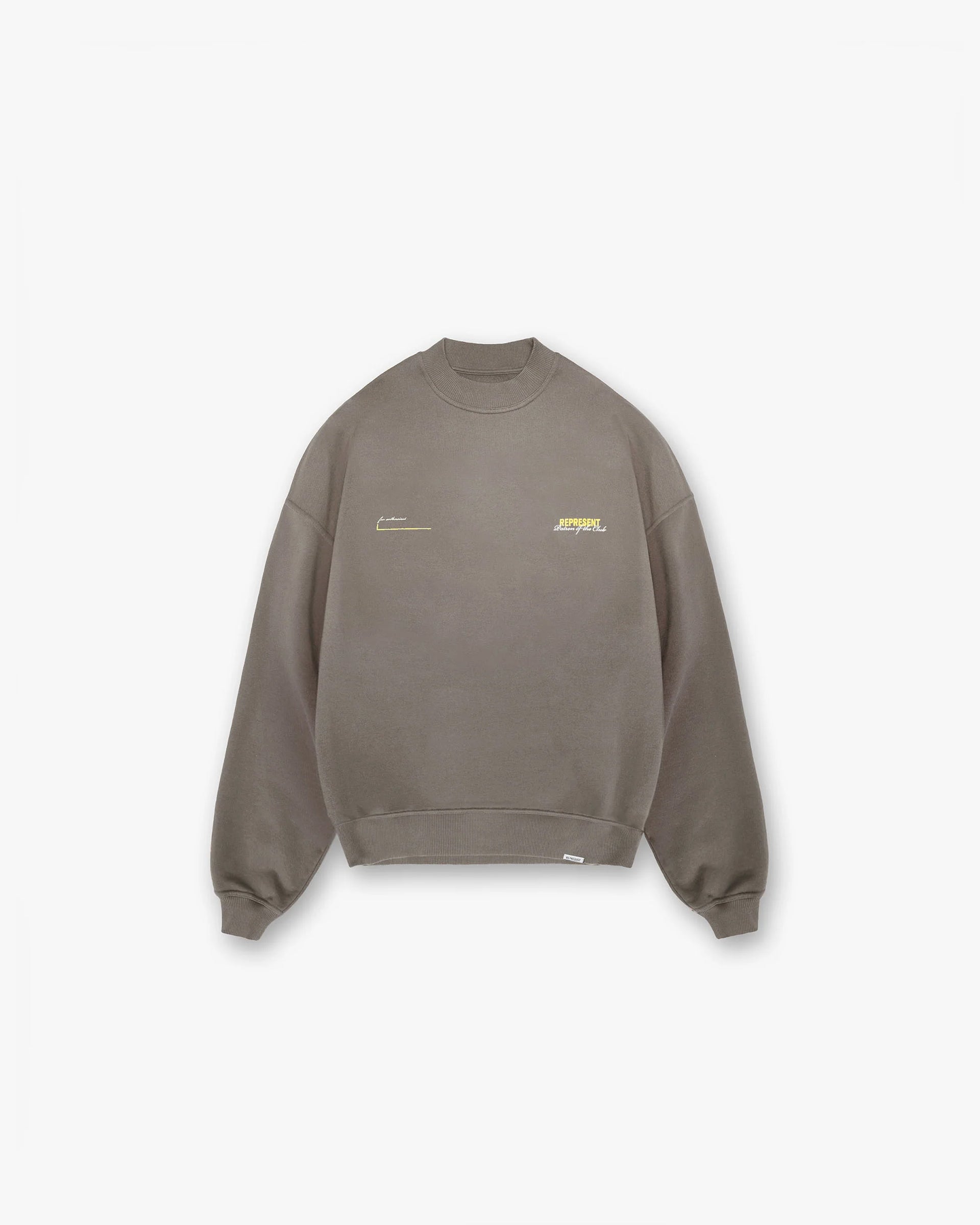 Front product image of a mens green sweater on a plain white background | Patron Of The Club Sweater in Washed Olive | Medium weight cotton sweater with logo | Patrons Sweaters | Represent Clo