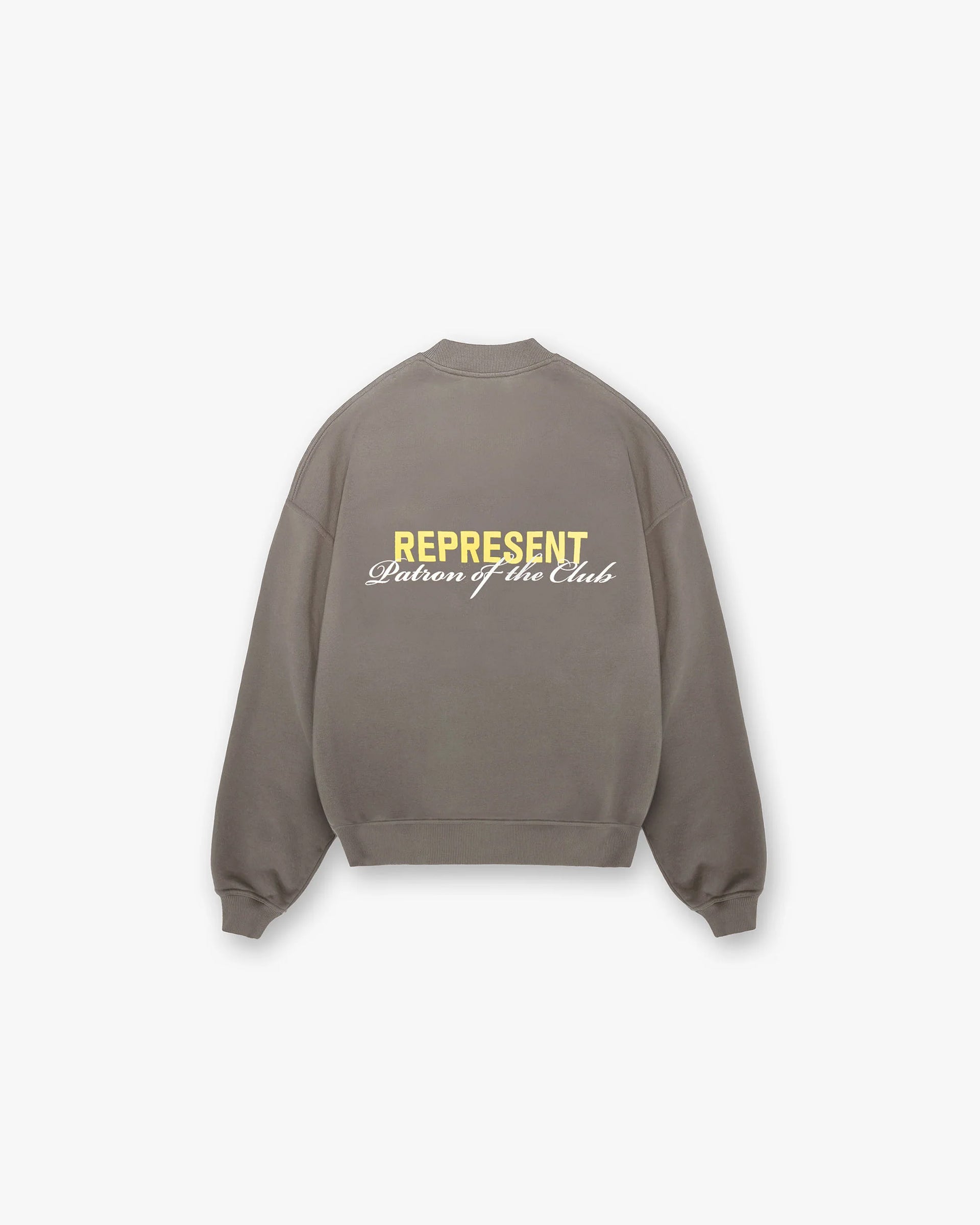 Back product image of a mens olive sweater on a plain white background | Patron Of The Club Sweater in Washed Olive | Sweater with oversized fit and Patron of the Club print | Patrons Sweaters | Represent Clo
