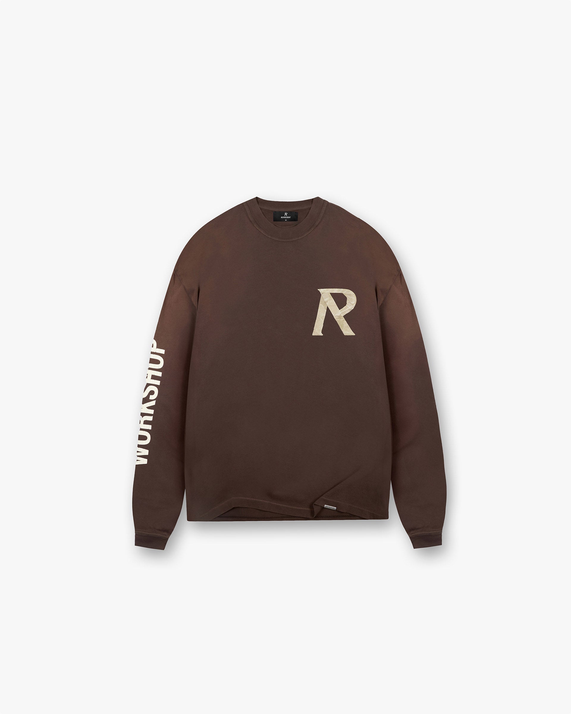 Front product image of a mens cedar long sleeve t-shirt on a plain white background | Masking Tape Initial Long Sleeve T-Shirt in Cedar | Cedar t-shirt with ribbed knit texture | FW24 T-Shirts | Represent Clo