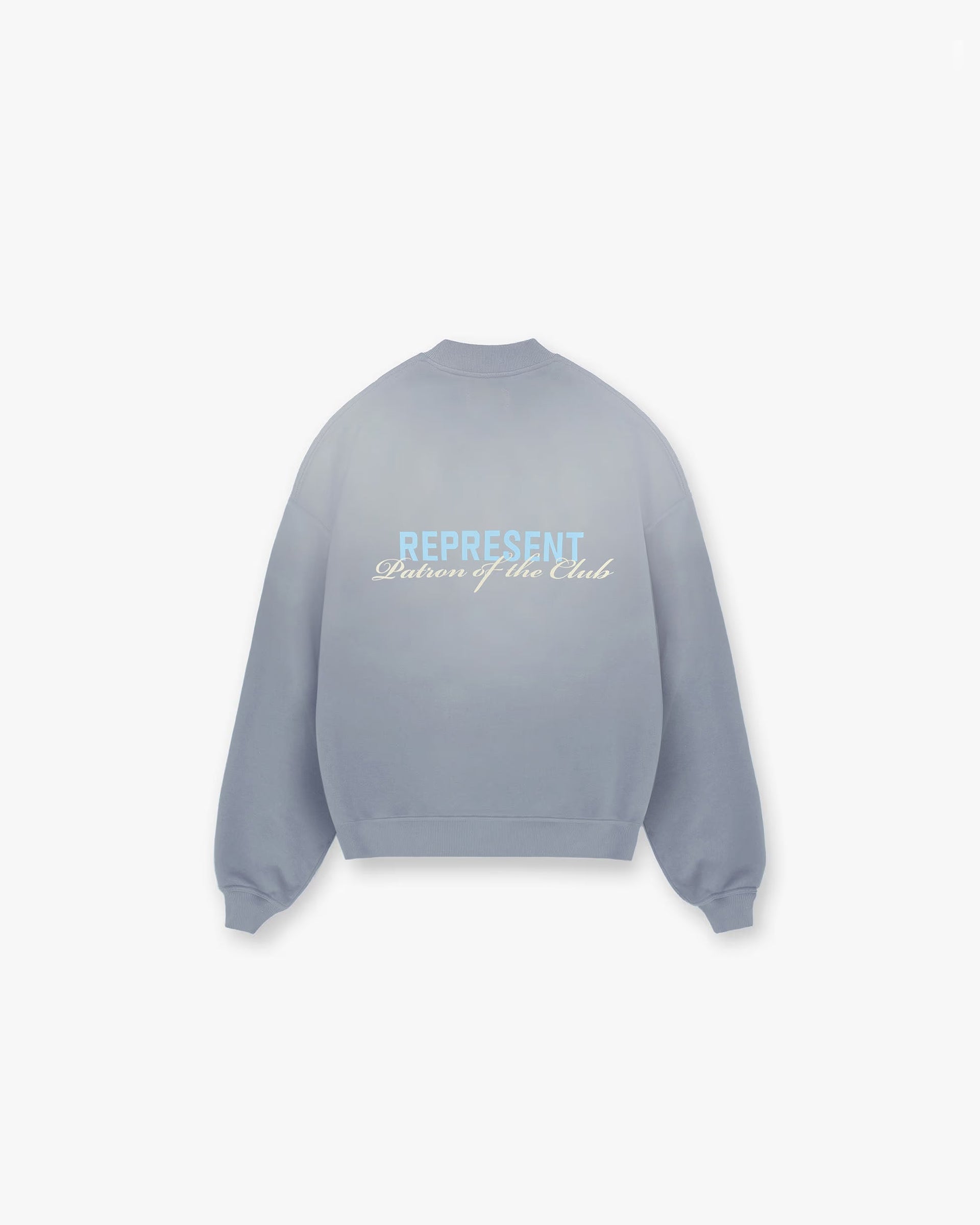 Front product image of a mens grey sweater on a plain white background | Patron Of The Club Sweater in Washed Grey | Oversized fit sweater with Owners Club print and ribbed trims | Patrons Sweaters | Represent Clo