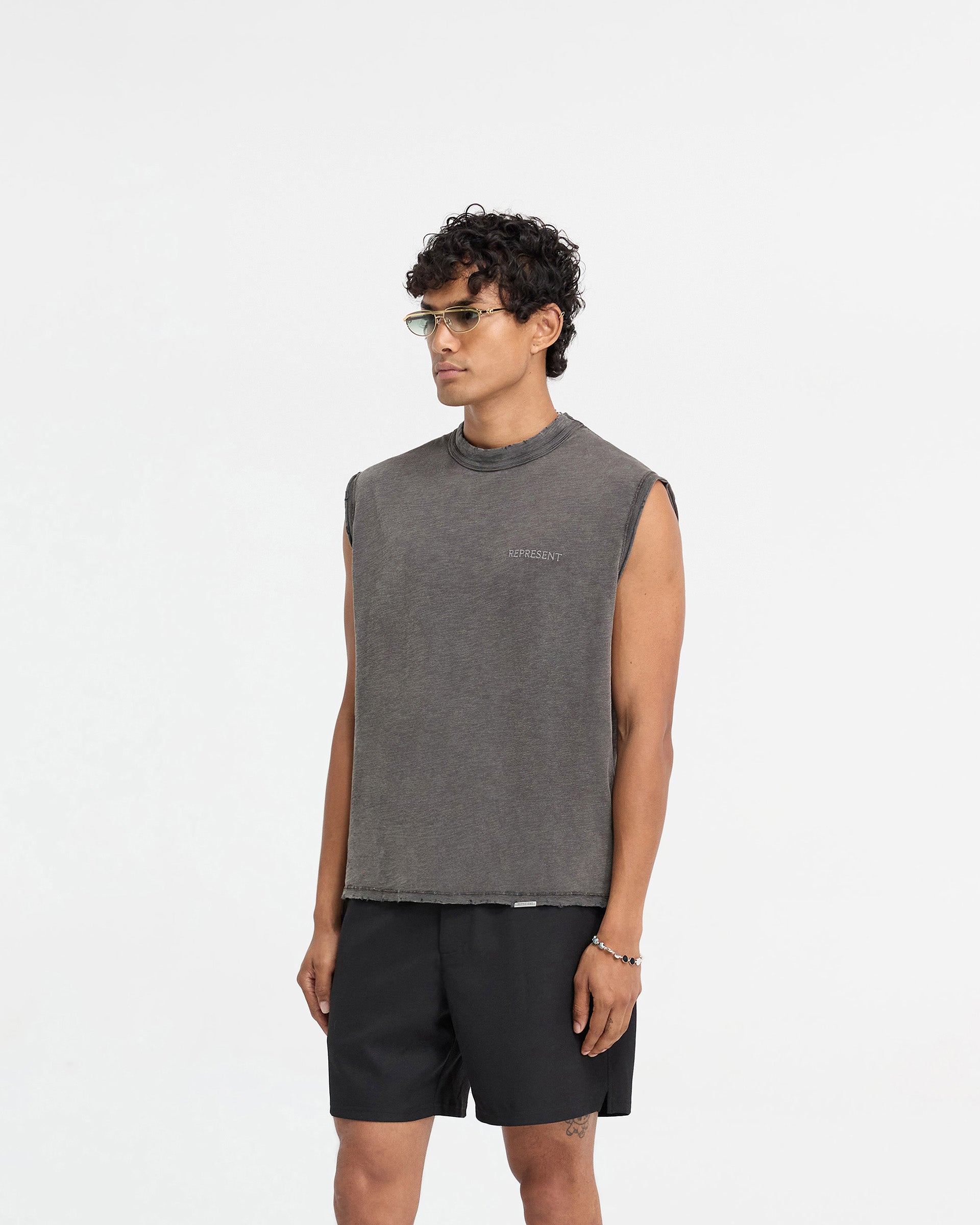 Back product image of a mens grey tank top on a plain white background | Slub Tank in Vintage Grey | Oversized fit tank with tonal embroidered branding | FW24 T-Shirts | Represent Clo