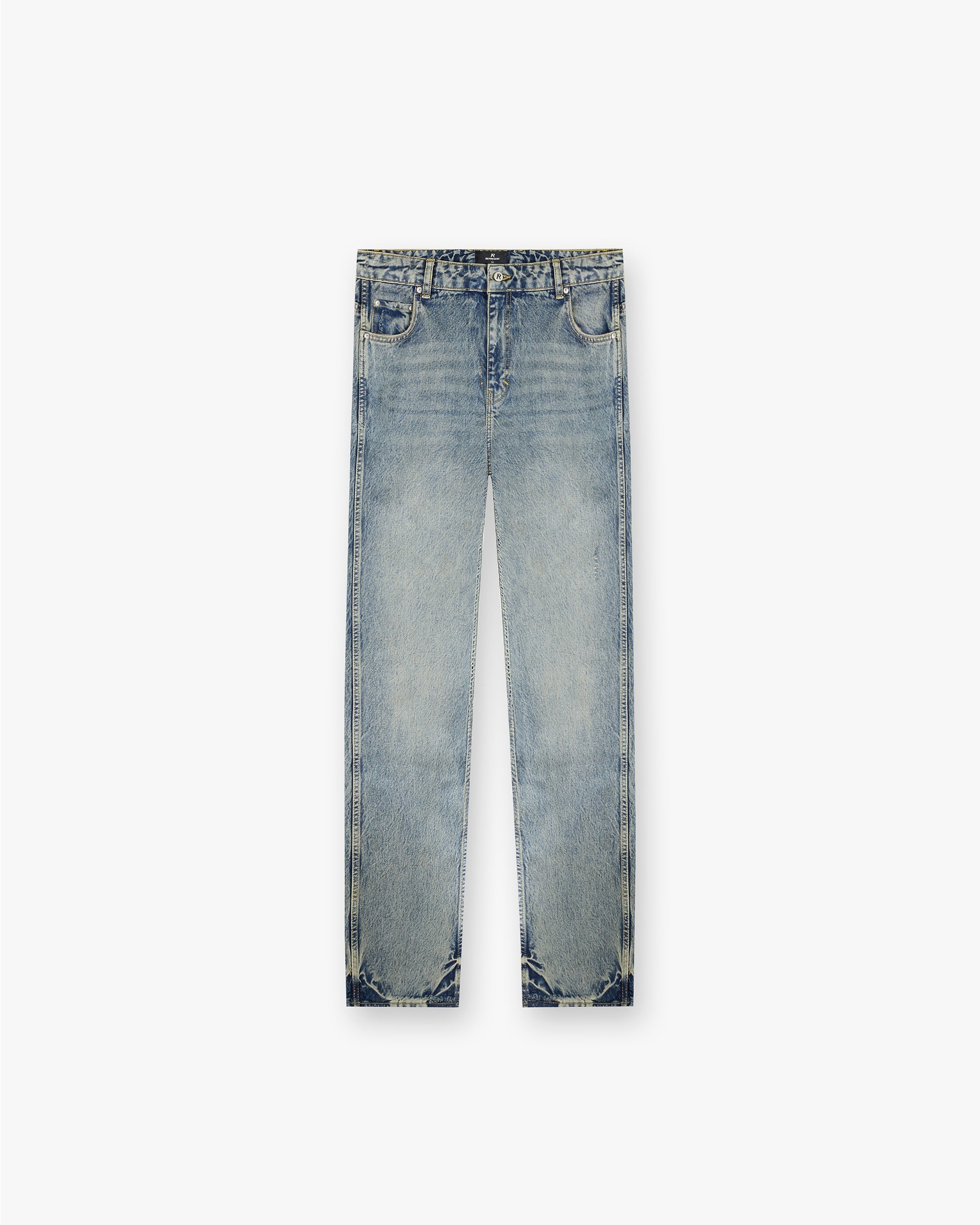 Front product image of mens blue denim jeans on a plain white background | R2 Straight Leg Denim in Mid Blue | Straight leg denim jeans | FW24 Denim | Represent Clo
