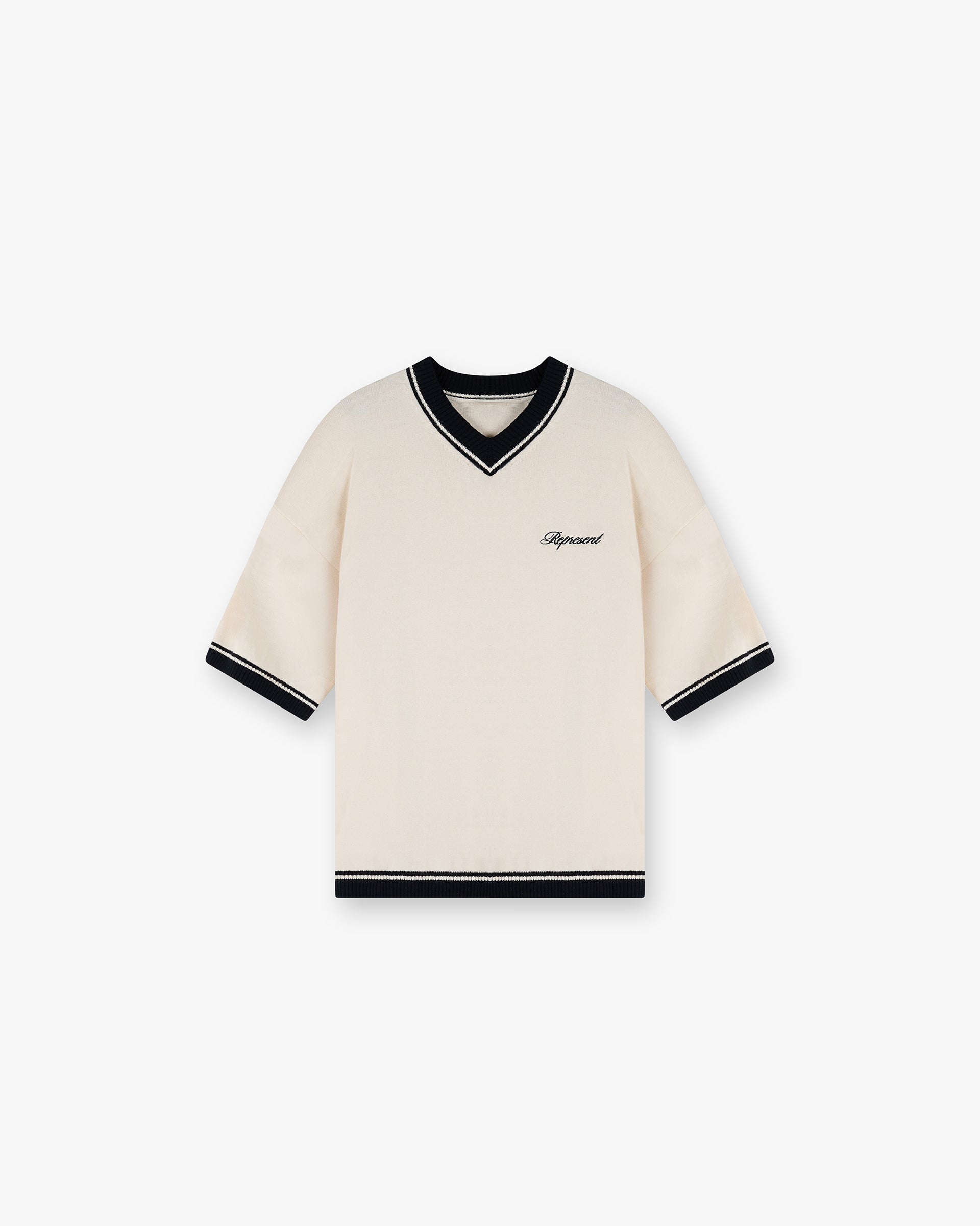 Front product image of a mens white embroidered knit on a plain white background | Script Embroidered Knit in Off White | Knitwear with Represent script logo and button down front | SS25 Knitwear | Represent Clo