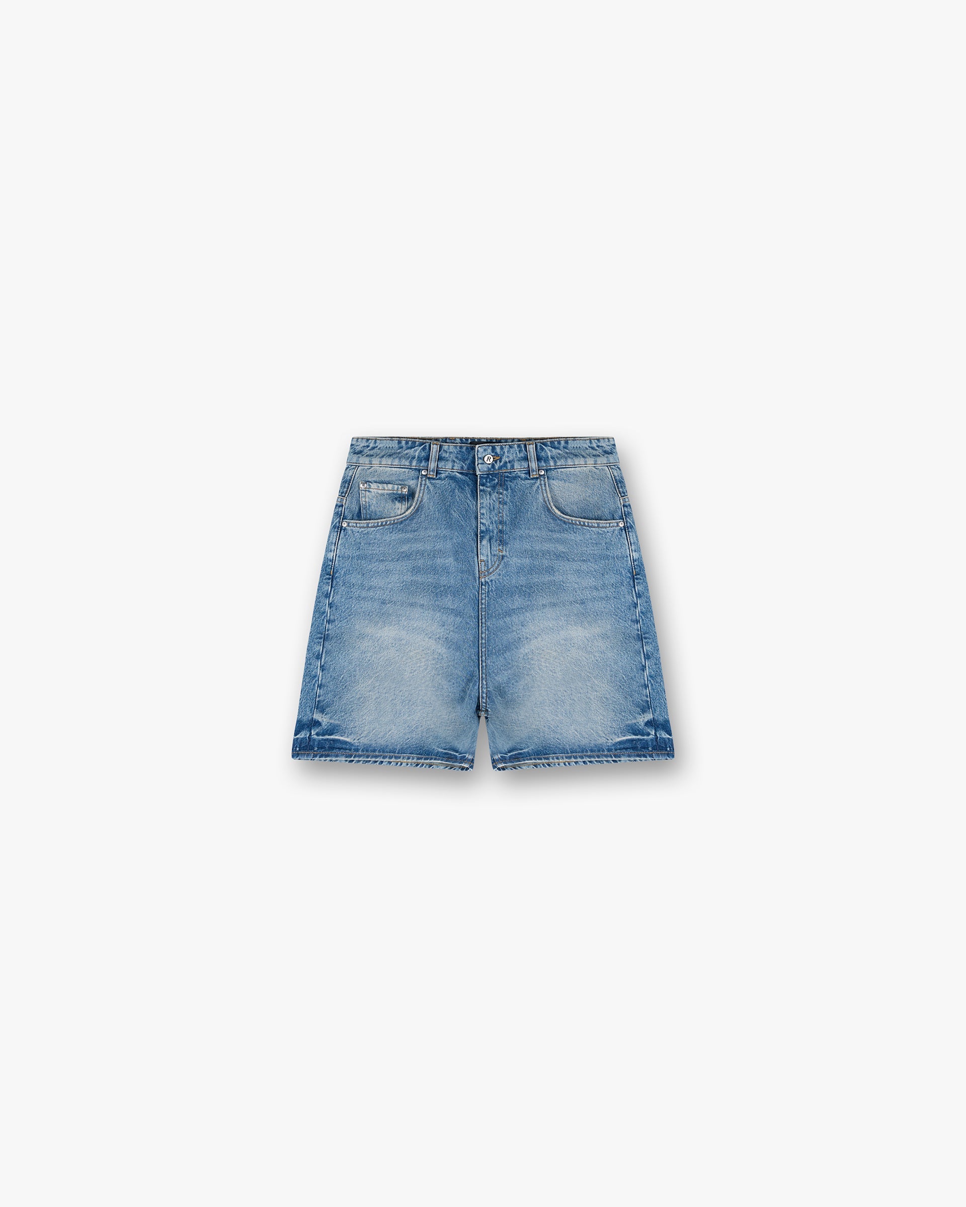 Front product image of mens blue denim shorts on a plain white background | R10T Tailored Denim Shorts in Blue 60 | Tailored denim shorts | SS25 Denim | Represent Clo