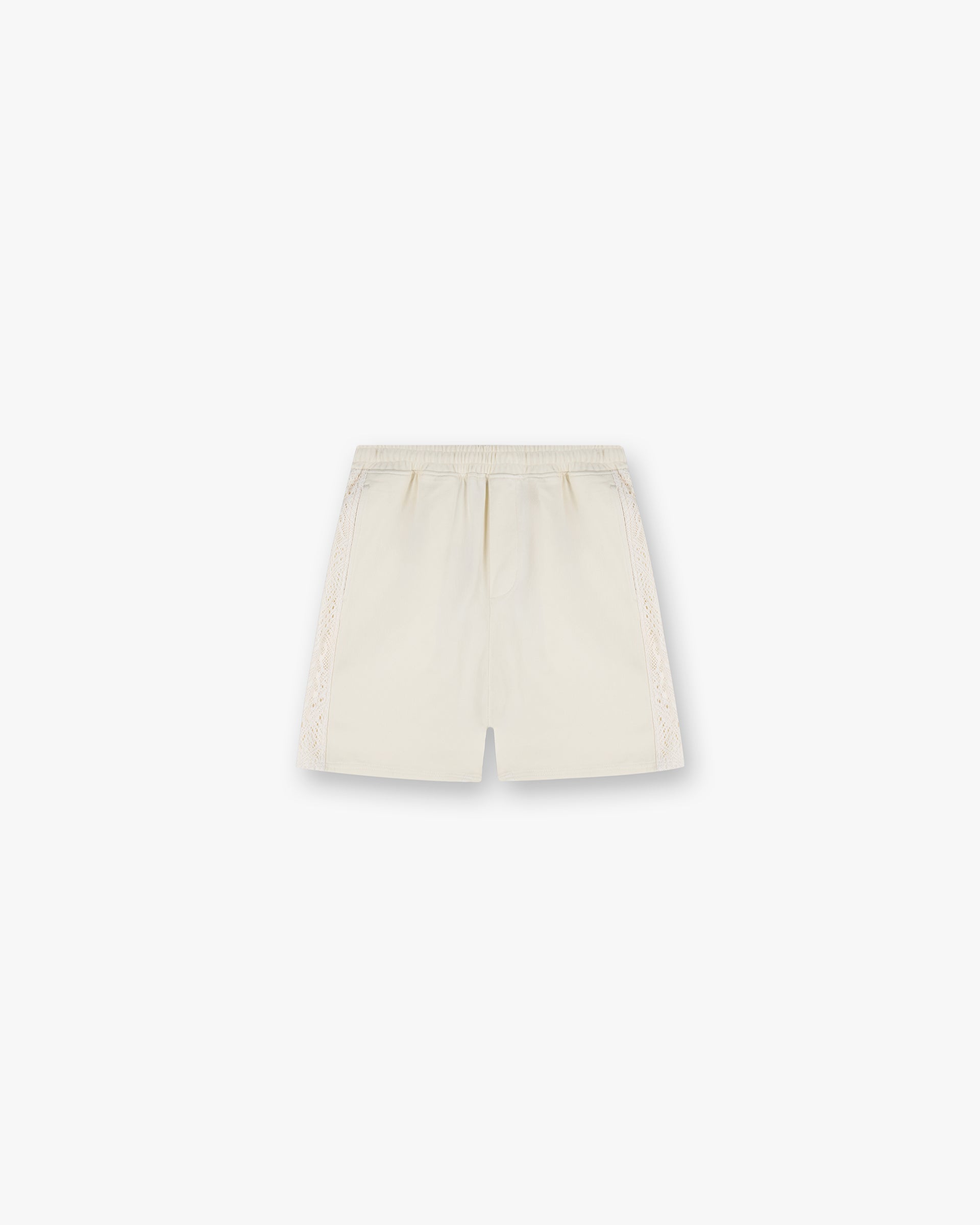 Front product image of mens white shorts on a plain white background | Knitted Panel Short in Antique White | Shorts with high-rise waist and straight leg fit | SS25 Shorts | Represent Clo