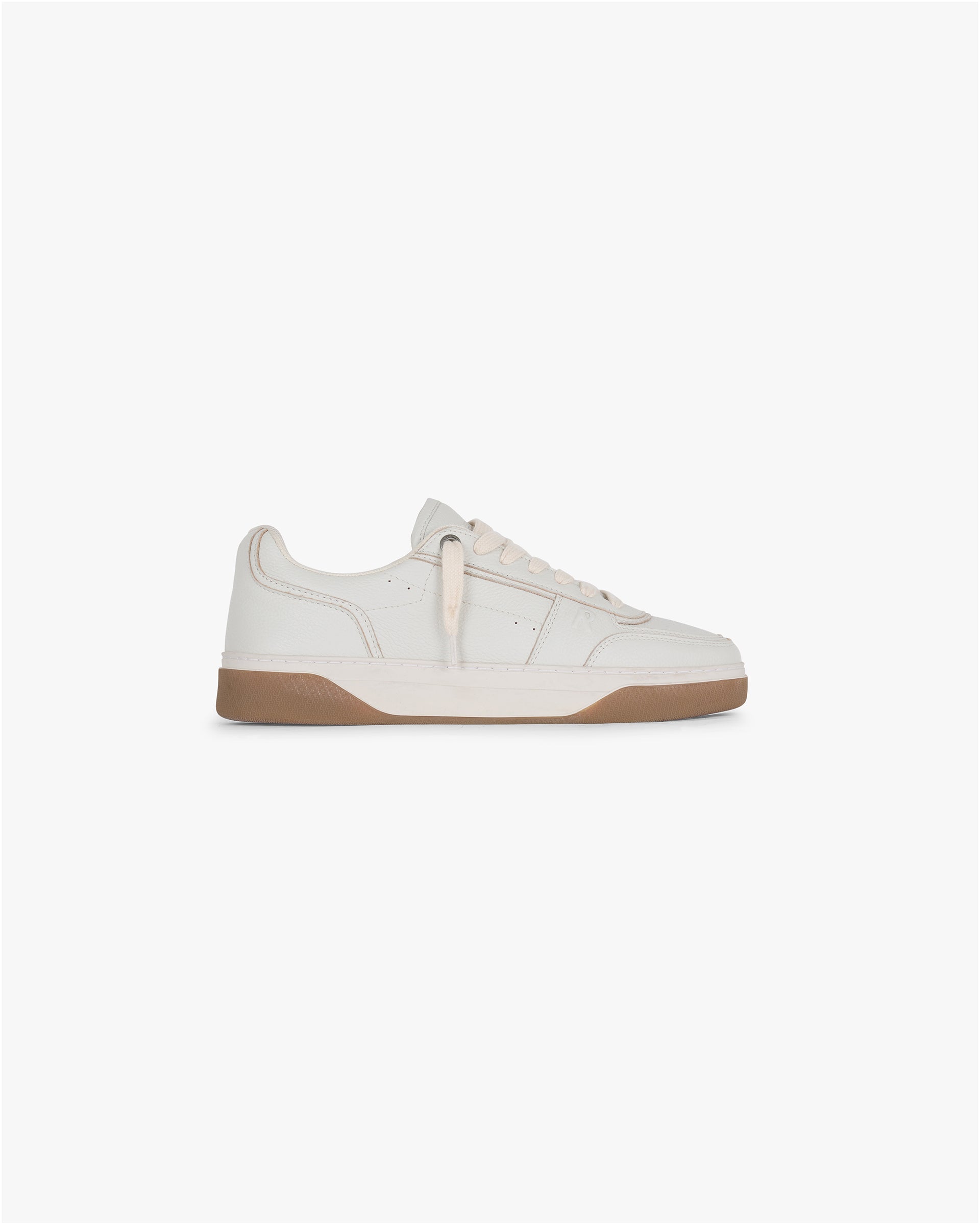Front product image of mens white sneakers with gum sole on a plain white background | Initial Sneaker in Vintage White Gum | Vintage style sneakers with leather construction and gum outsole | SS25 Footwear | Represent Clo