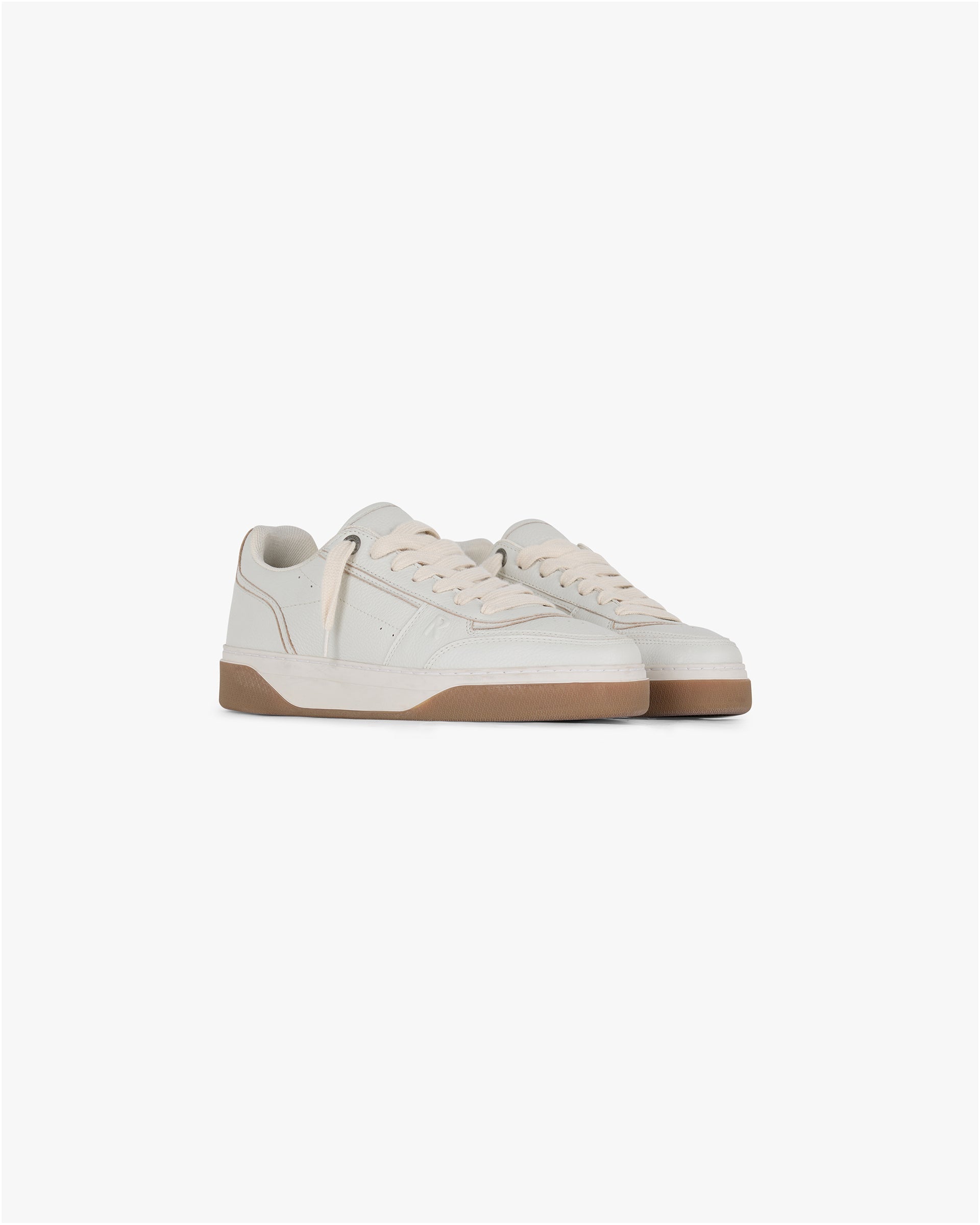 Back product image of mens white sneaker on a plain white background | Initial Sneaker in Vintage White Gum | Leather sneaker with perforated toe and embossed branding | SS25 Footwear | Represent Clo