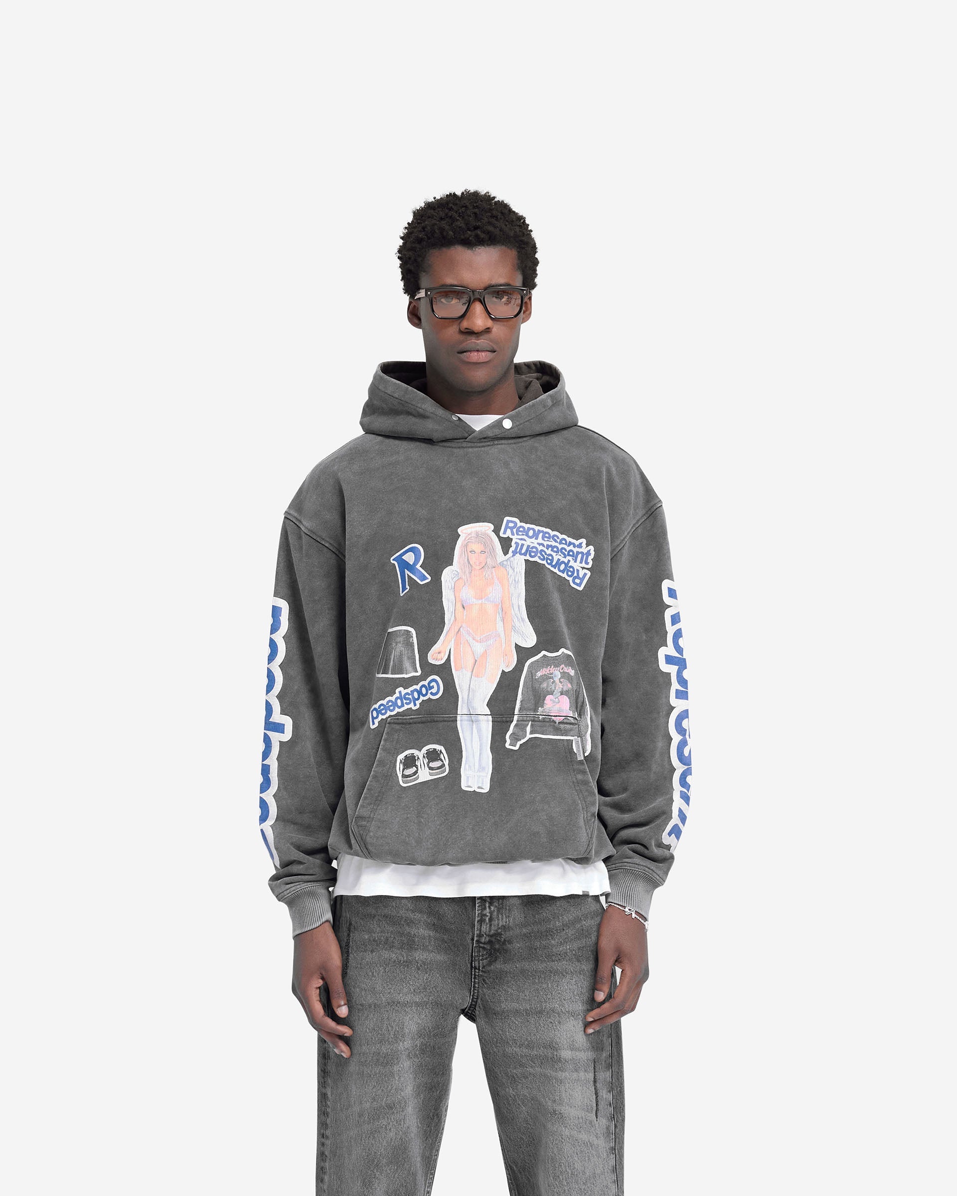 Man wearing a grey oversized hoodie on a plain white background | Question Your Innocence Hoodie in Vintage Grey | Hoodie with cracked print graphic | FW24 Hoodies | Represent Clo