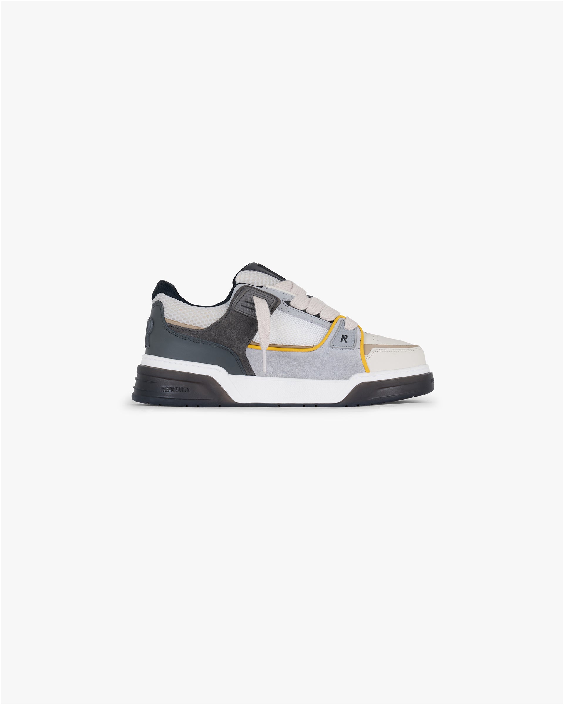 Front product image of a mens beige and yellow sneaker on a plain white background | Studio Sneaker Suede Mix Beige Yellow | Suede mix sneaker | SS25 Footwear | Represent Clo