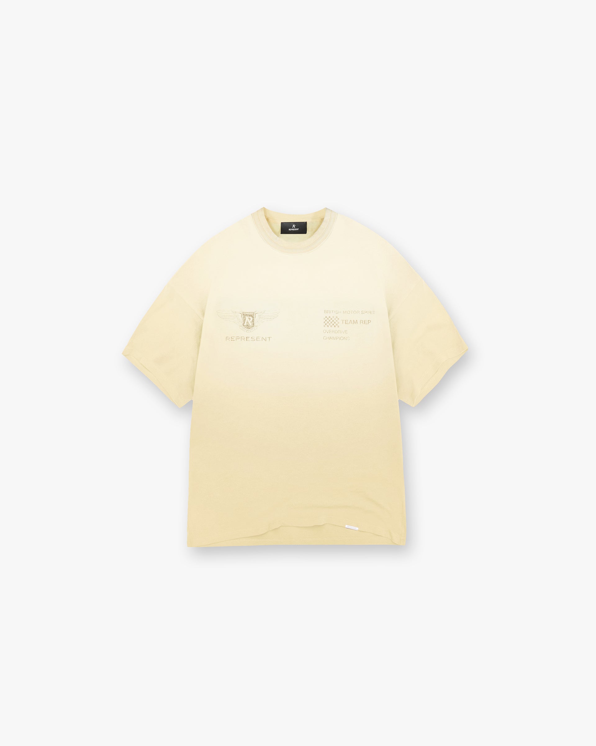 Front product image of a mens light yellow t-shirt on a plain white background | Team Rep T-Shirt in Light Yellow | Soft t-shirt with logo branding | SS25 T-Shirts | Represent Clo