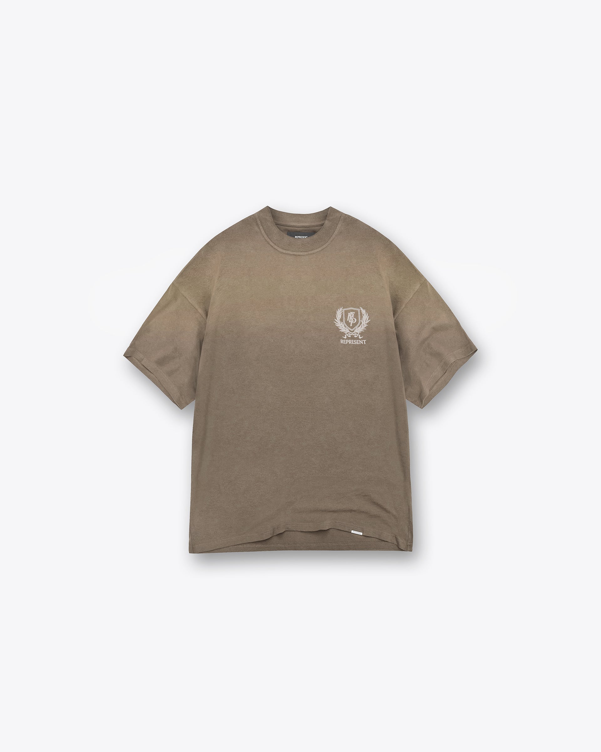Front product image of a mens dark taupe t-shirt on a plain white background | Crest T-Shirt in Dark Taupe | Short sleeve t-shirt with a crest print | SS25 T-Shirts | Represent Clo