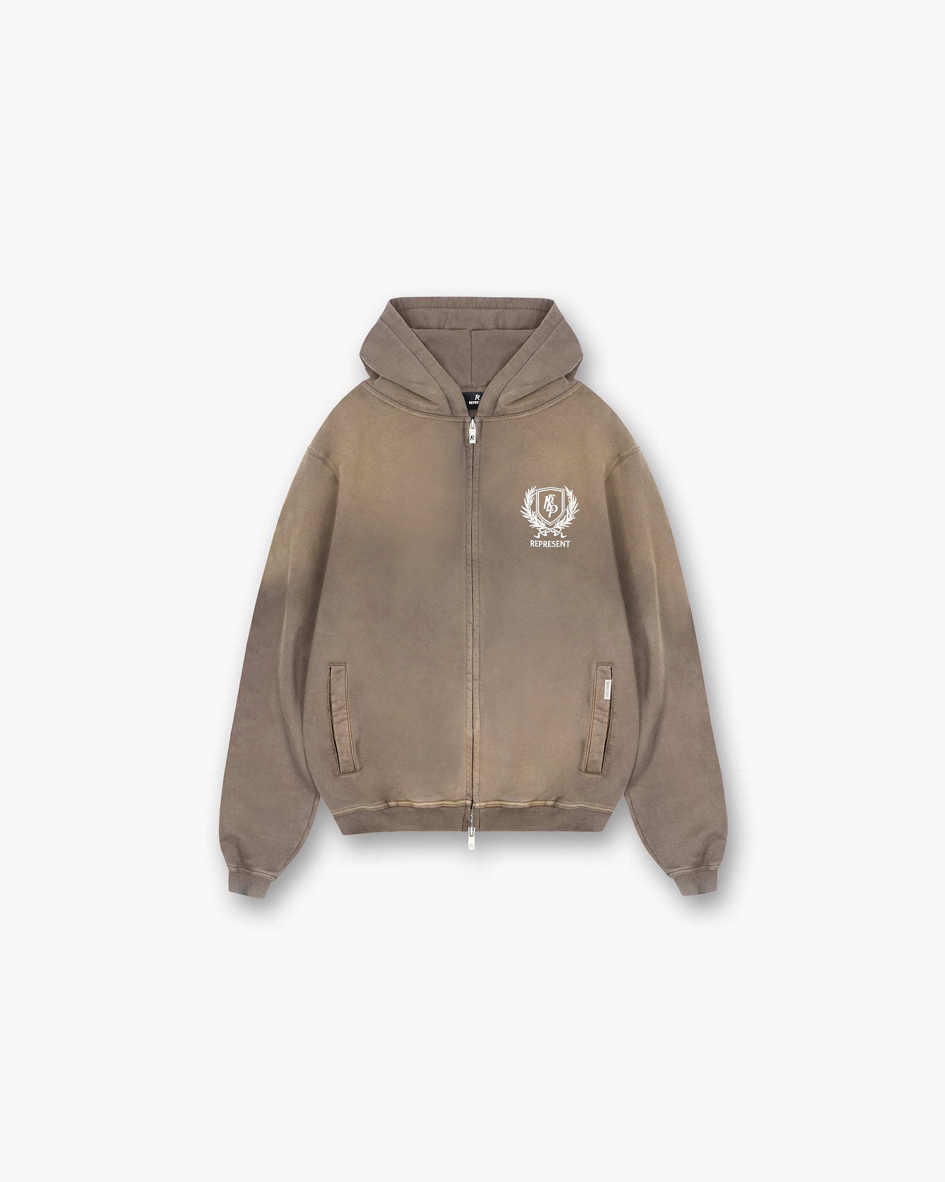 Front product image of a mens dark taupe hoodie on a plain white background | Crest Zip Up Hoodie in Dark Taupe | Zip up hoodie with relaxed fit | SS25 Hoodies | Represent Clo