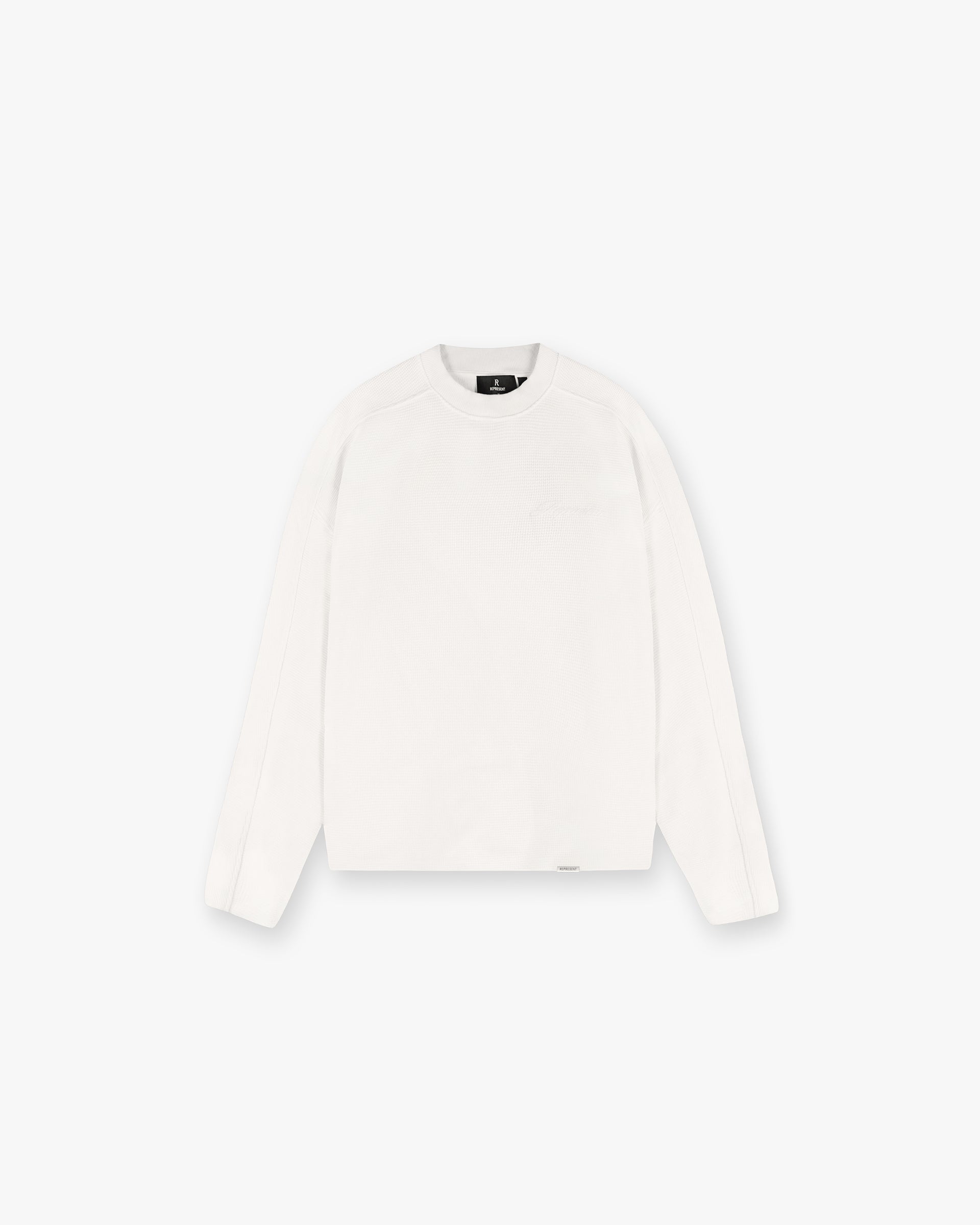 Front product image of a mens white long sleeve t-shirt on a plain white background | Waffle Long Sleeve T-Shirt in Flat White | Long sleeve essential t-shirt | SS25 T-Shirts | Represent Clo