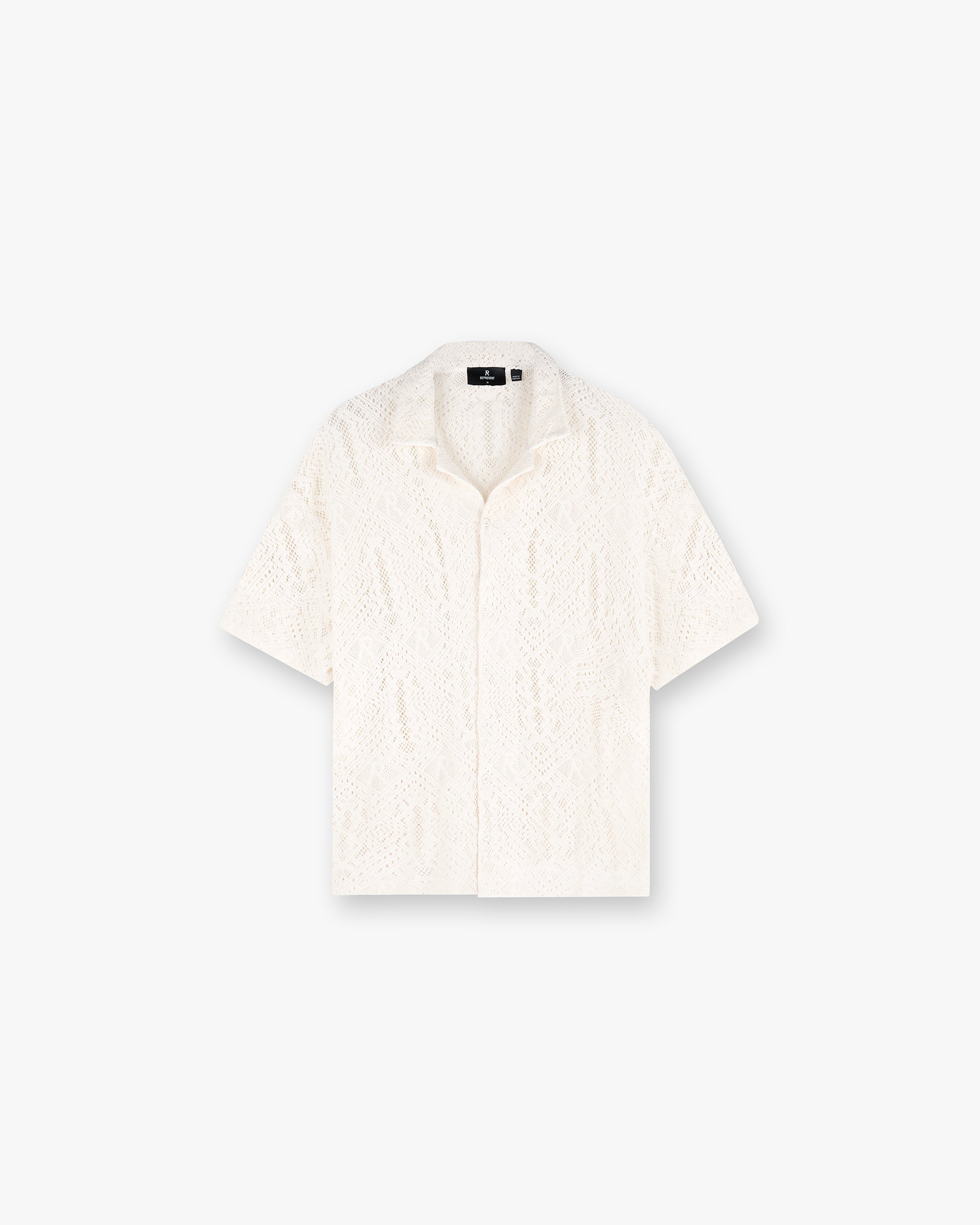 Front product image of a mens off white crochet shirt on a plain white background | All Over Crochet Shirt in Off White | Mohair wool blend knitwear | SS25 Knitwear | Represent Clo