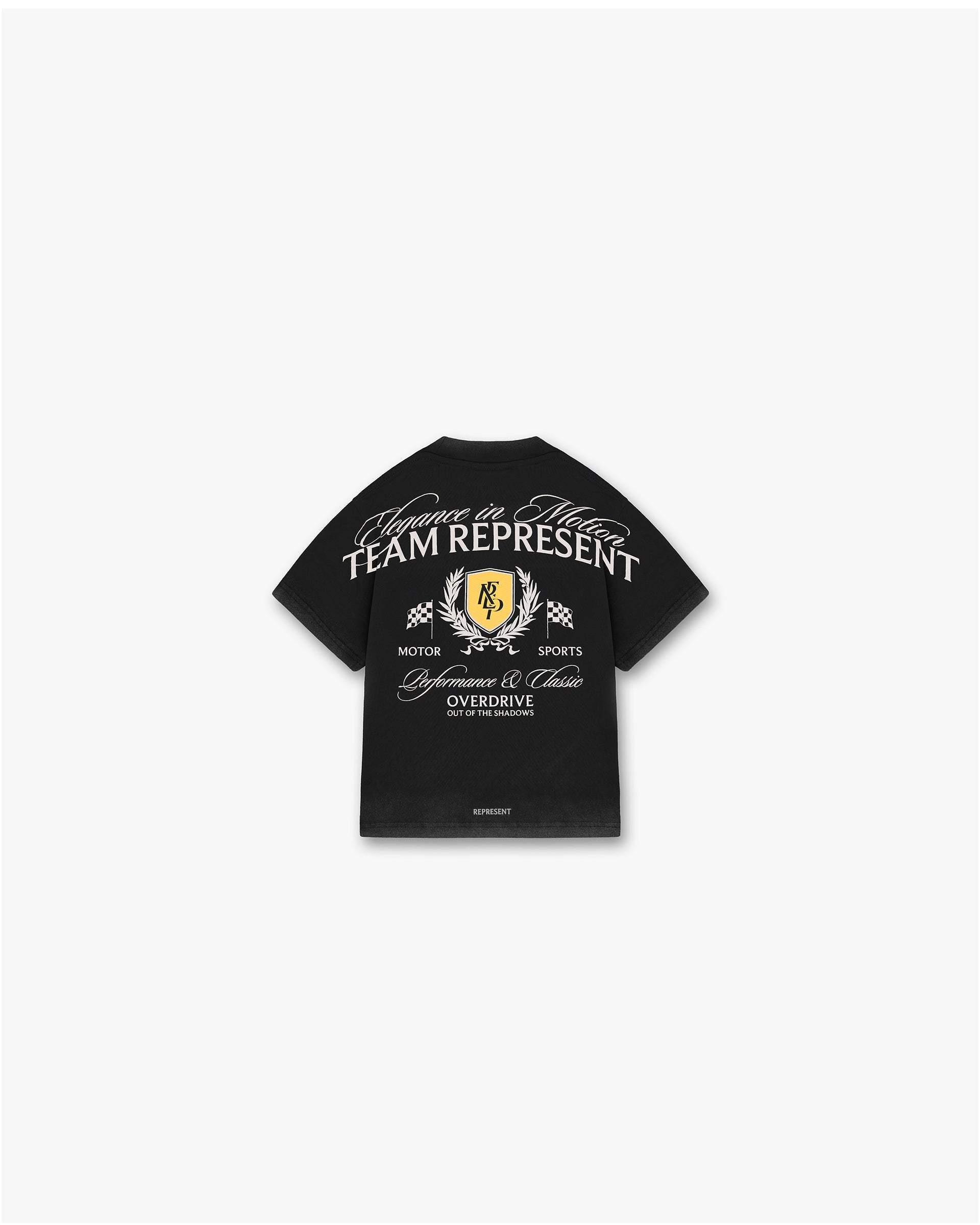 Back product image of a mens black graphic t-shirt on a plain white background | Kids Crest T-Shirt in Vintage Black | Oversized t-shirt with crest graphic and puff print | SS25 T-Shirts | Represent Clo