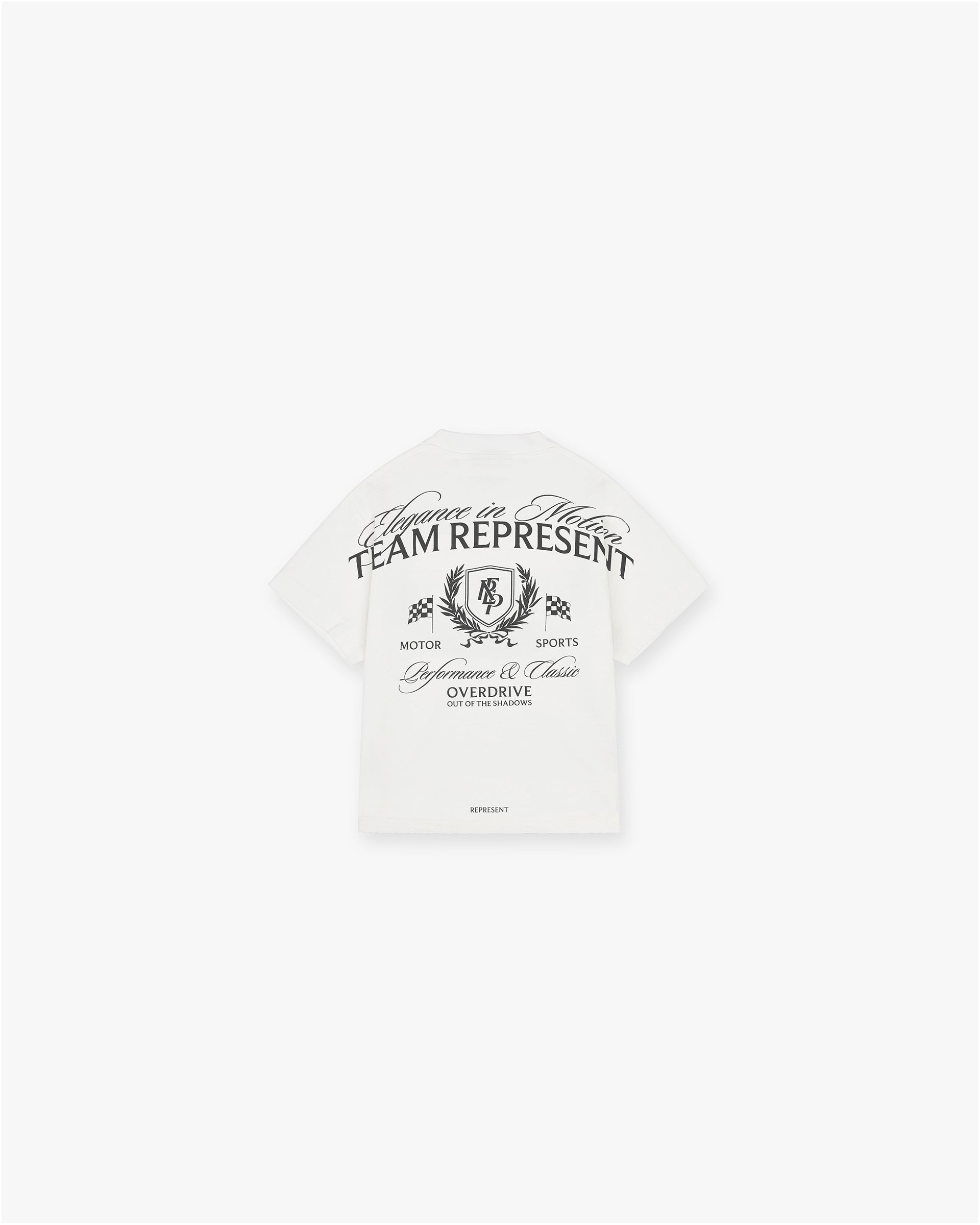 Back product image of a mens white t-shirt on a plain white background | Mini Crest T-Shirt in Flat White | Oversized graphic t-shirt with crest and puff print | SS25 T-Shirts | Represent Clo