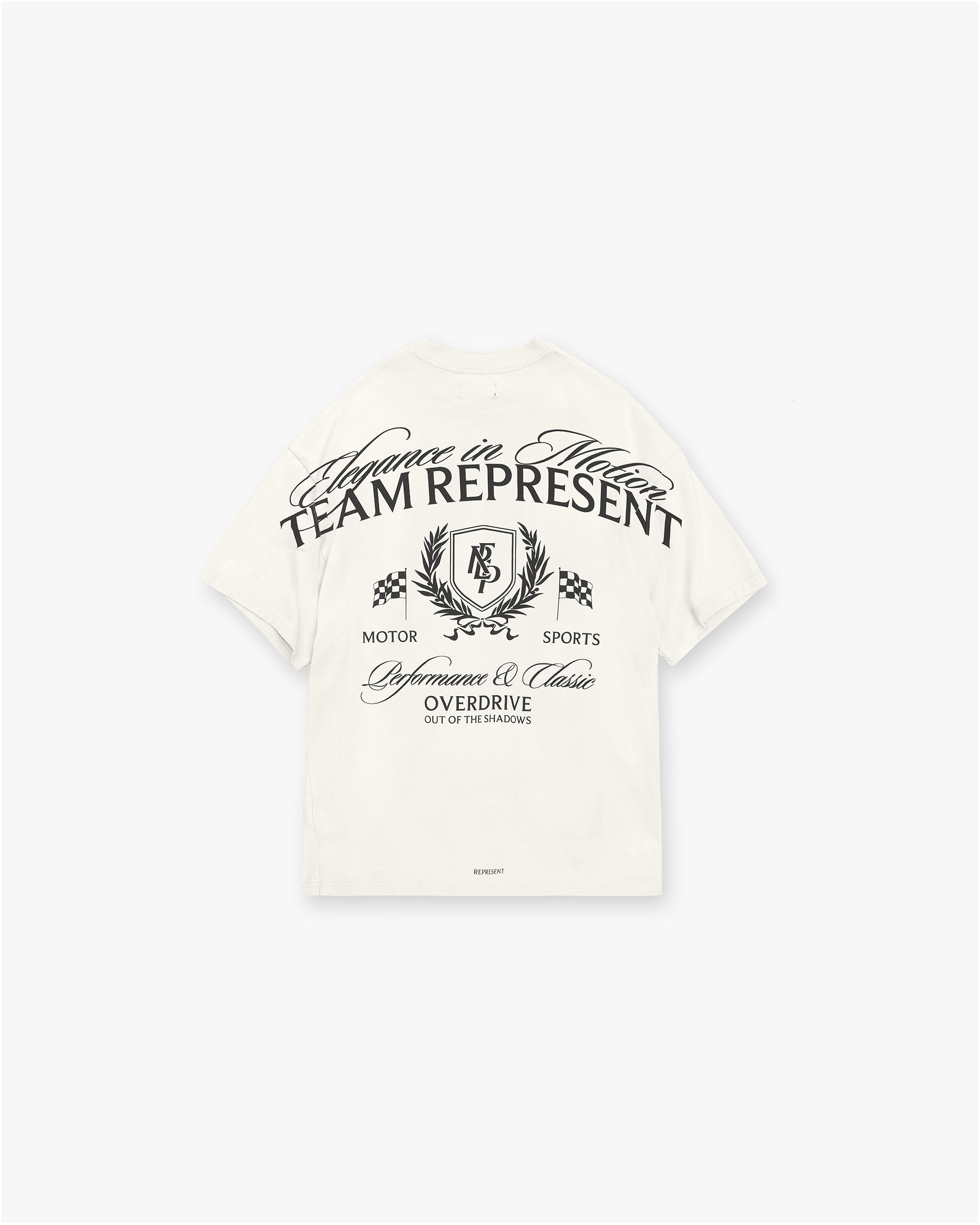 Back product image of a mens white graphic t-shirt on a plain white background | Crest T-Shirt in Flat White | Oversized tee with crest graphic and puff print | SS25 T-Shirts | Represent Clo