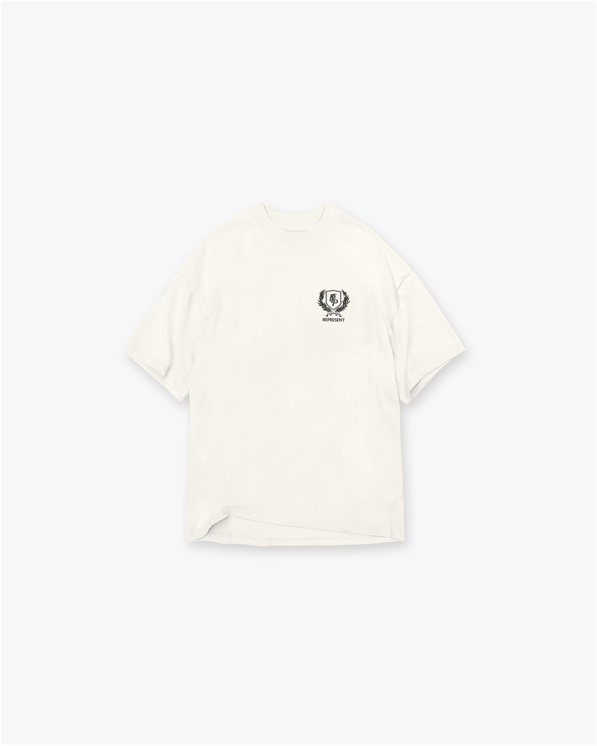 Front product image of a mens white graphic t-shirt on a plain white background | Crest T-Shirt in Flat White | Oversized graphic t-shirt with crest print | SS25 T-Shirts | Represent Clo