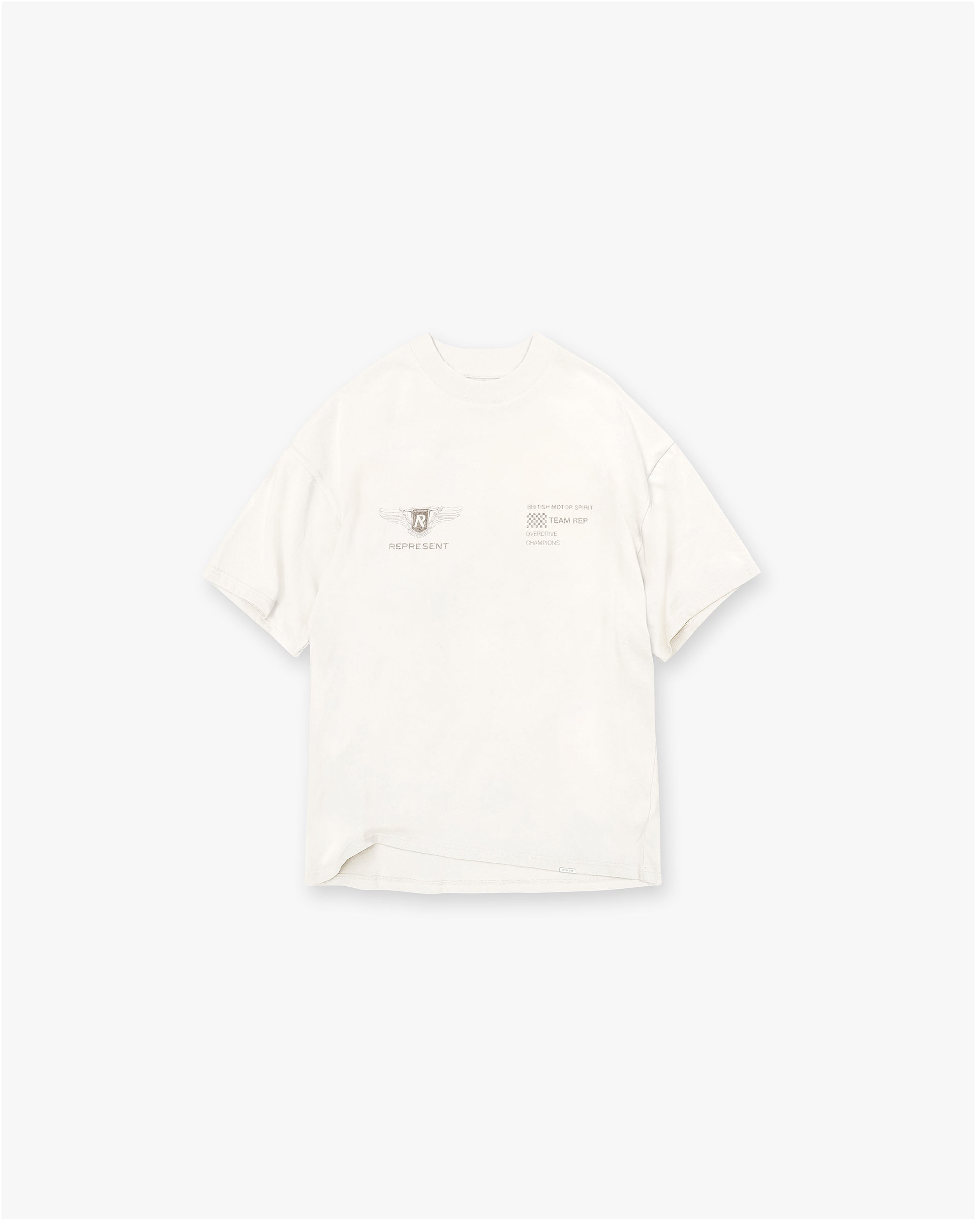Front product image of a mens white t-shirt on a plain white background | Team Rep T-Shirt in Flat White | T-shirt with signature logo detailing | SS25 T-Shirts | Represent Clo