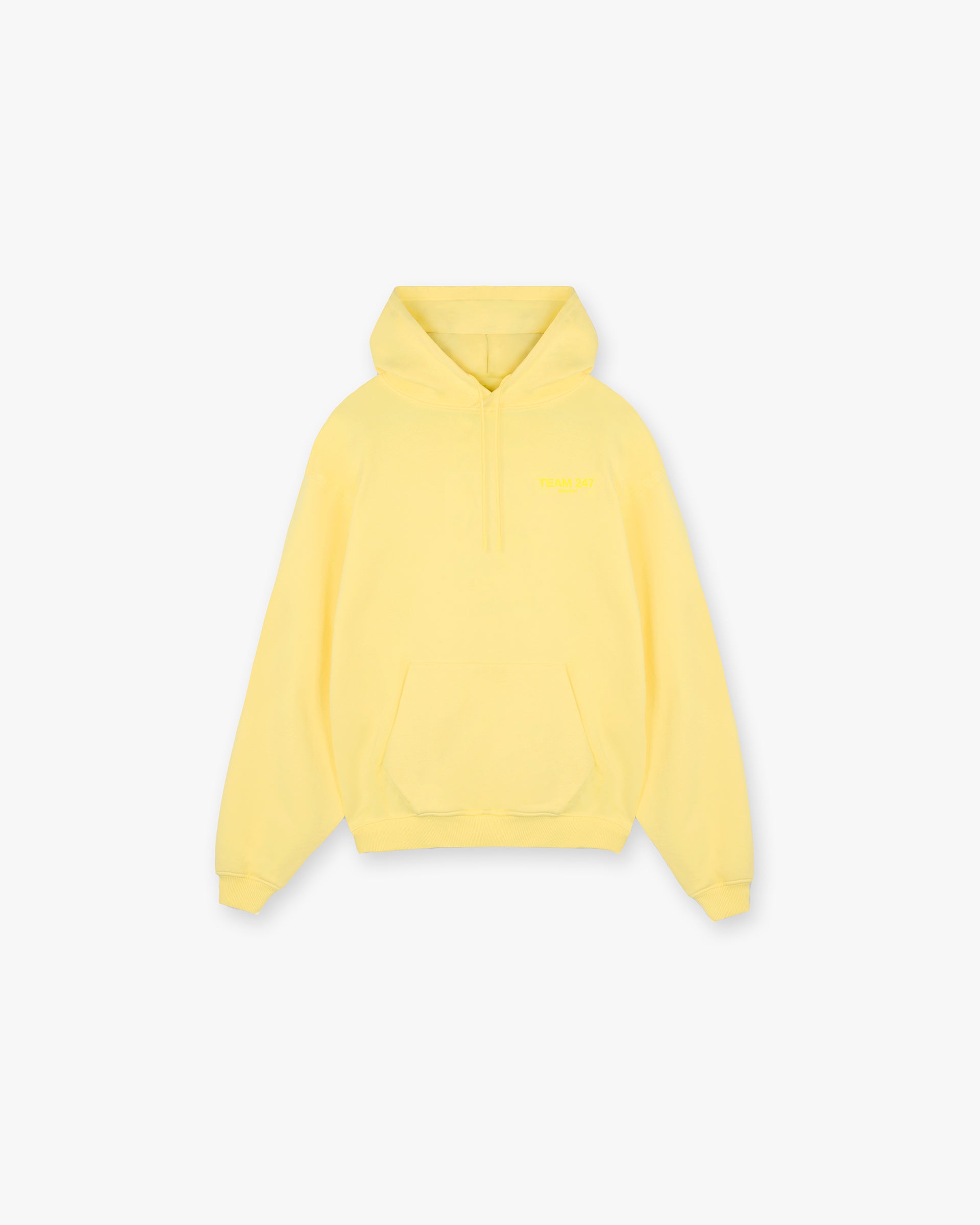 Front product image of a mens yellow hoodie on a plain white background | Team 247 Oversized Hoodie in Lemon | Oversized hoodie with a relaxed fit | 247 Hoodies | Represent Clo
