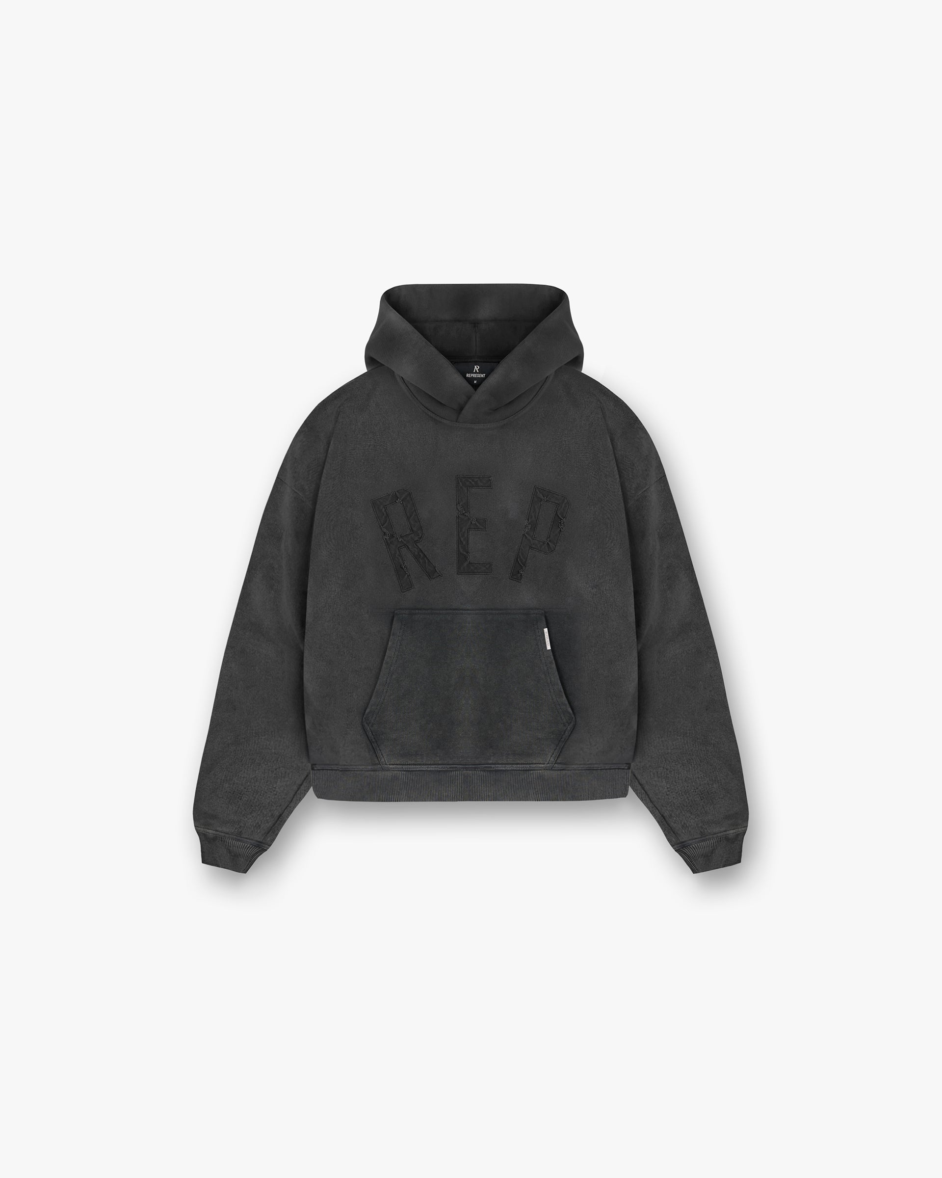 Front product image of a mens black hoodie on a plain white background | Rep Applique Hoodie in Vintage Black | Pullover hoodie with applique design | FW24 Hoodies | Represent Clo