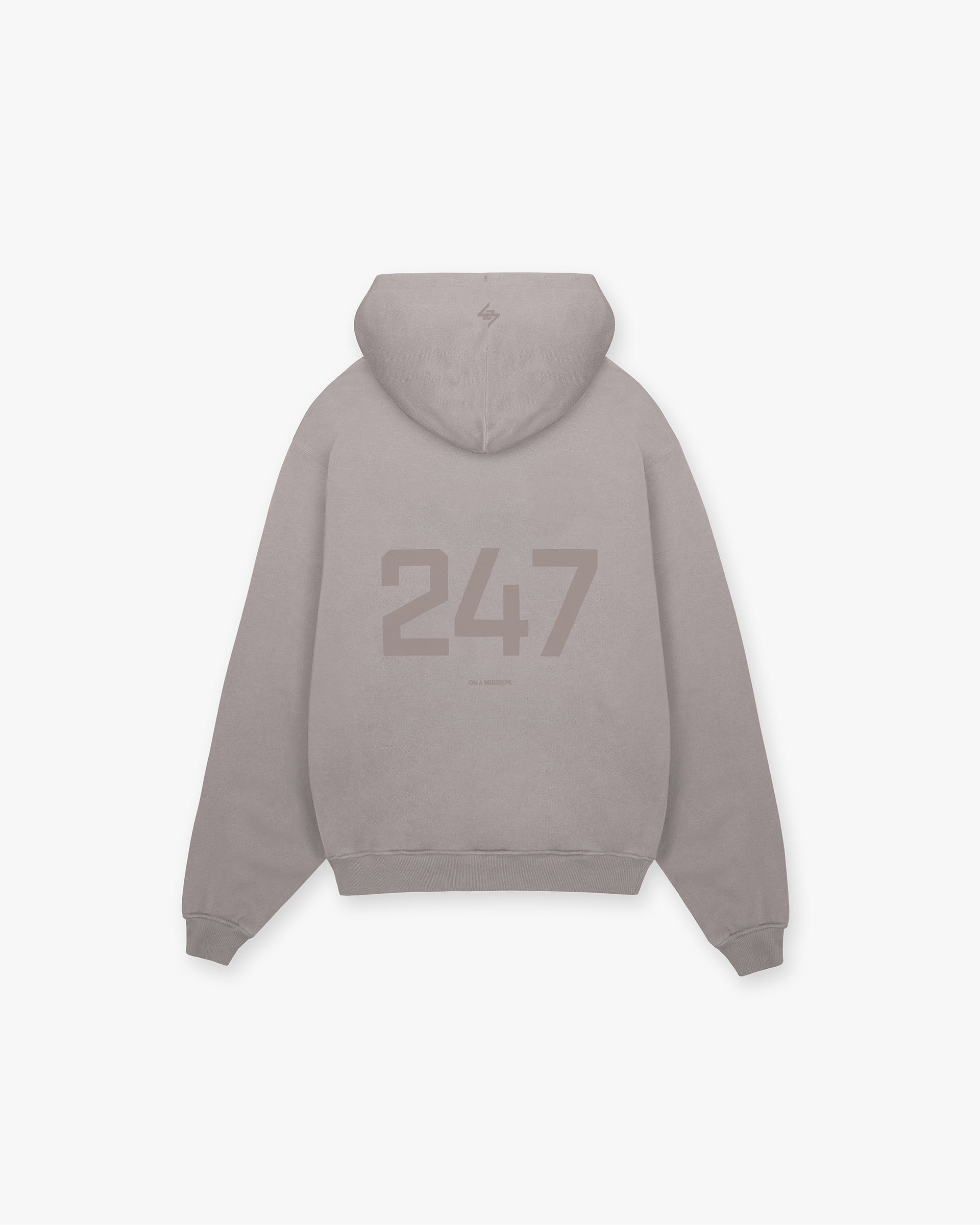 Back product image of a mens grey hoodie on a plain white background | 247 Oversized Hoodie in Cinder | Oversized fit hoodie with ribbed cuffs and hems | 247 Hoodies | Represent Clo