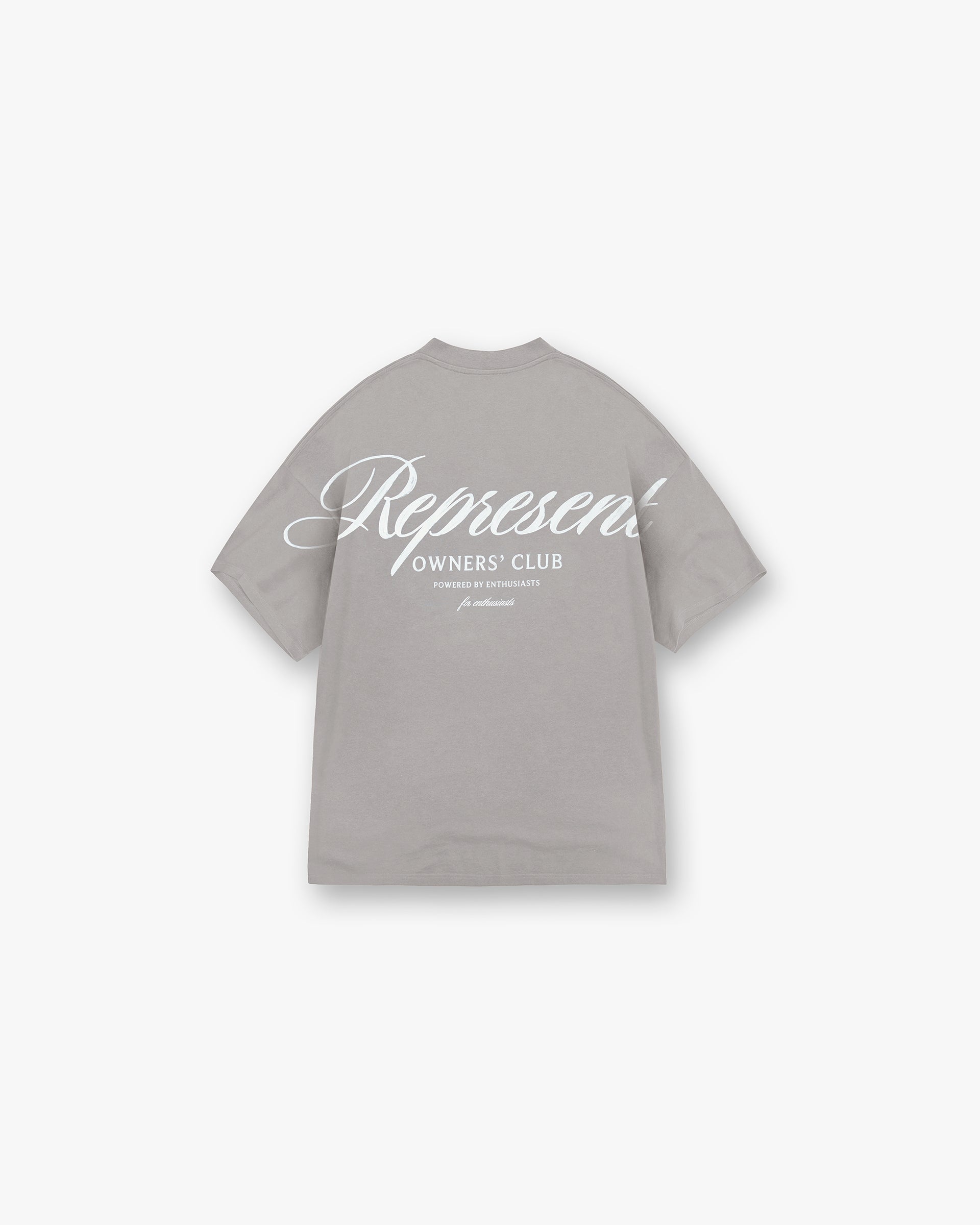 Back product image of a mens slate t-shirt on a plain white background | Represent Owners Club Script T-Shirt in Slate | Oversized t-shirt with ribbed crewneck and screen print graphic | Owners Club T-Shirts | Represent Clo