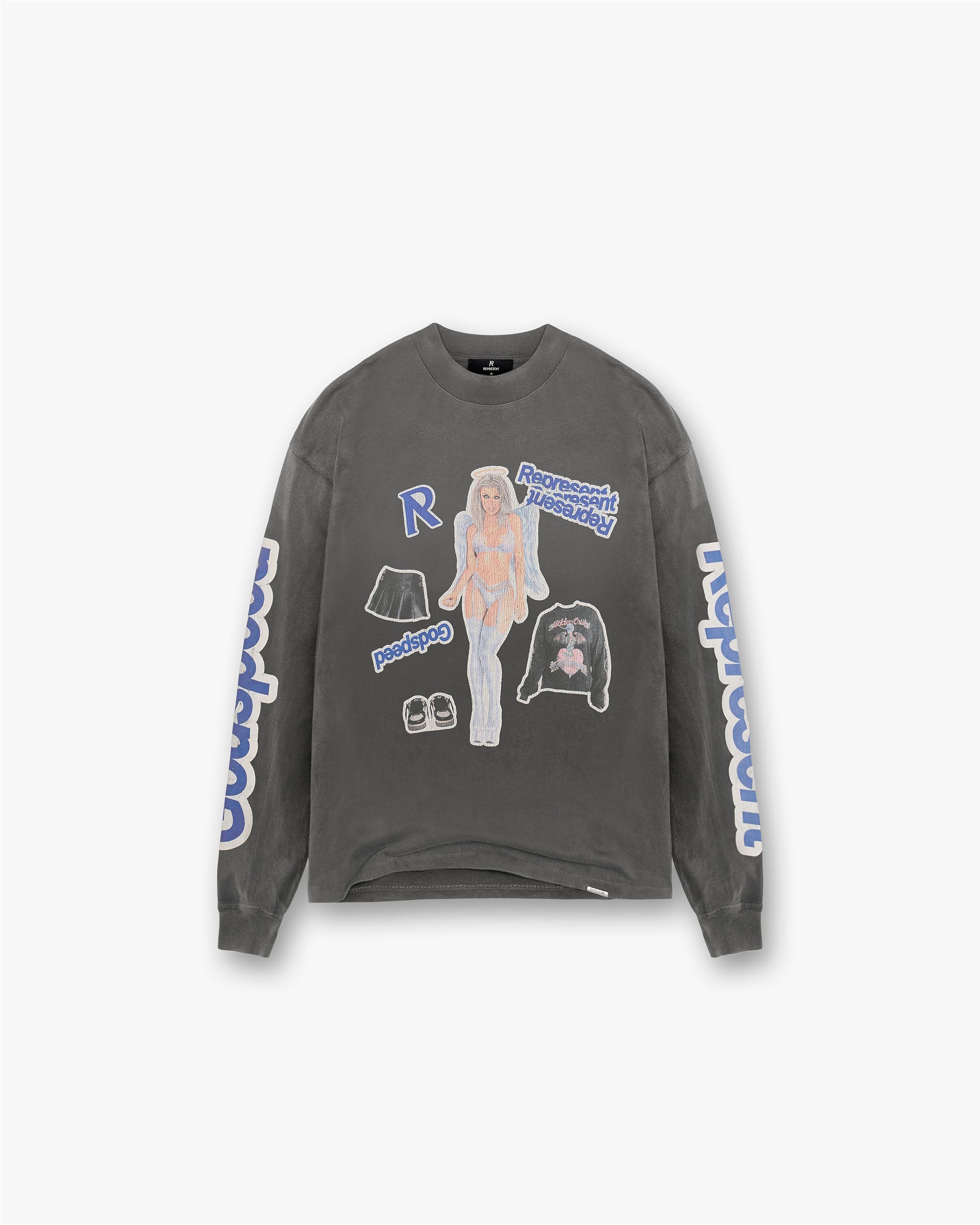 Front product image of a mens grey long sleeve t-shirt on a plain white background | Question Your Innocence Long Sleeve T-Shirt in Vintage Grey | Long sleeve t-shirt with a vintage wash | FW24 T-Shirts | Represent Clo
