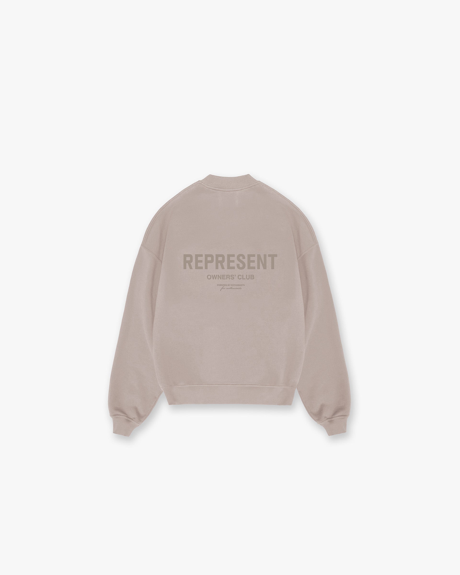 Front product image of a mens grey sweater on a plain white background | Represent Owners Club Sweater in Mushroom | Sweater with metal bar logo and high build branding | Owners Club Sweaters | Represent Clo