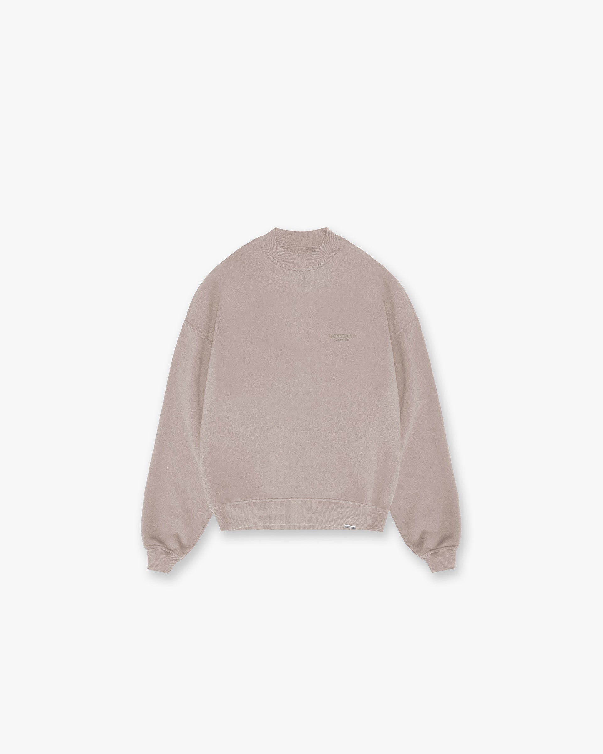 Back product image of a mens mushroom sweater on a plain white background | Represent Owners Club Sweater in Mushroom | Oversized fit crewneck sweater with ribbed trims | Owners Club Sweaters | Represent Clo
