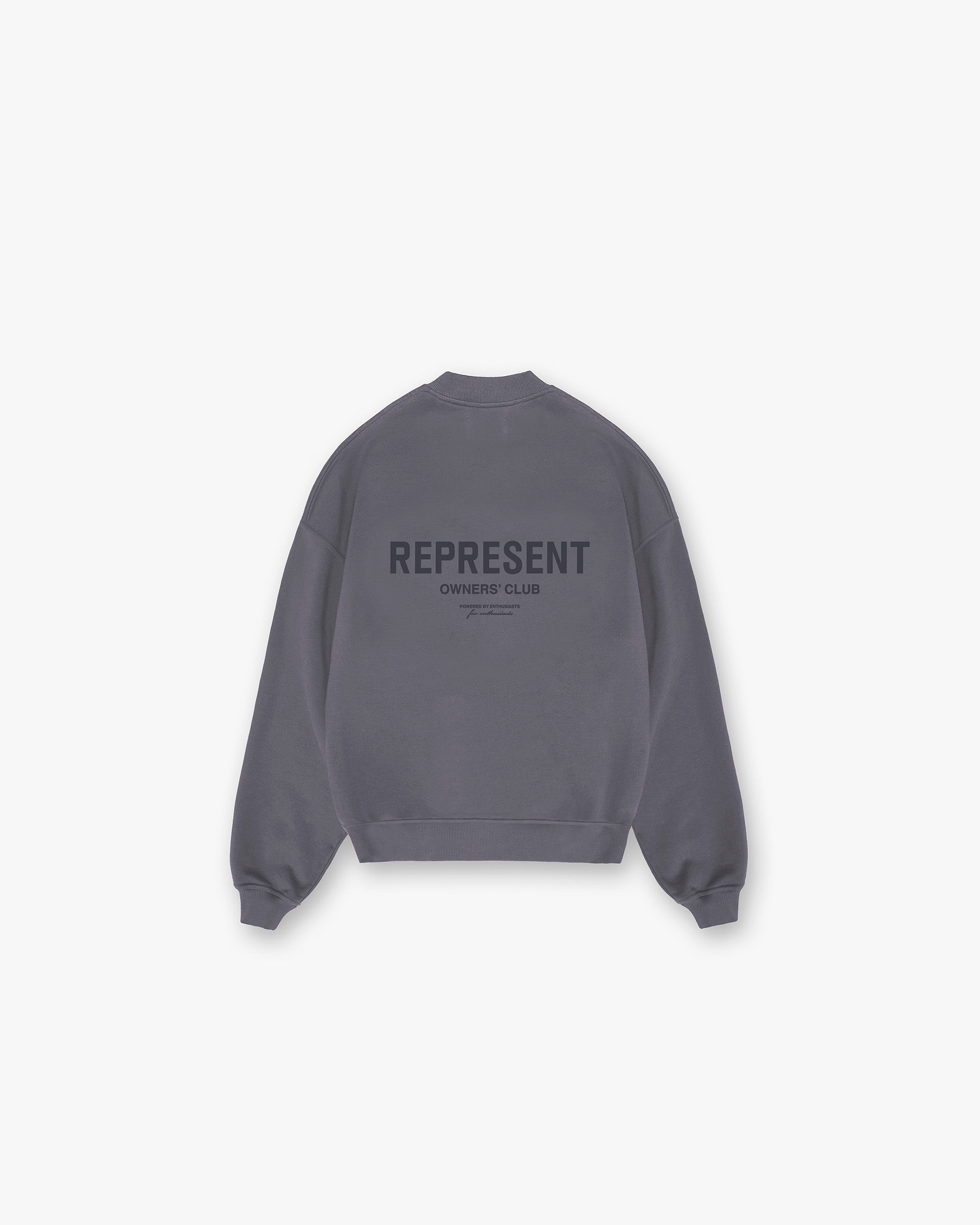 Front product image of a mens grey sweater on a plain white background | Represent Owners Club Sweater in Storm | Sweater with logo lock up branding | Owners Club Sweaters | Represent Clo