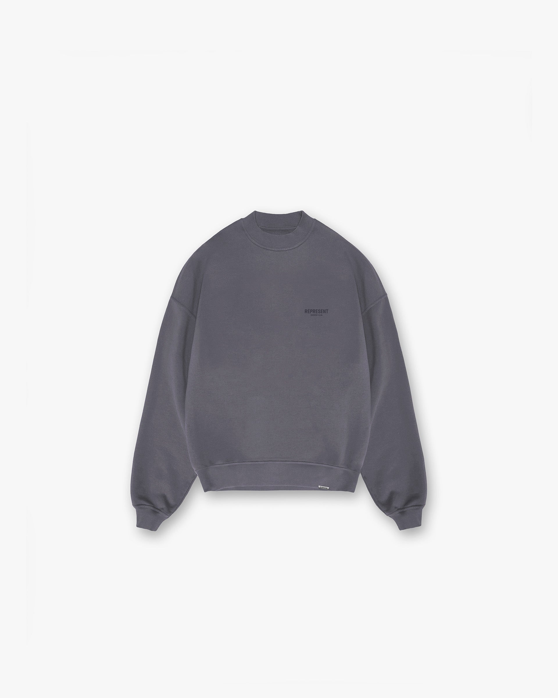 Back product image of a mens grey sweater on a plain white background | Represent Owners Club Sweater in Storm | Oversized fit heavyweight cotton sweater with high build branding | Owners Club Sweaters | Represent Clo