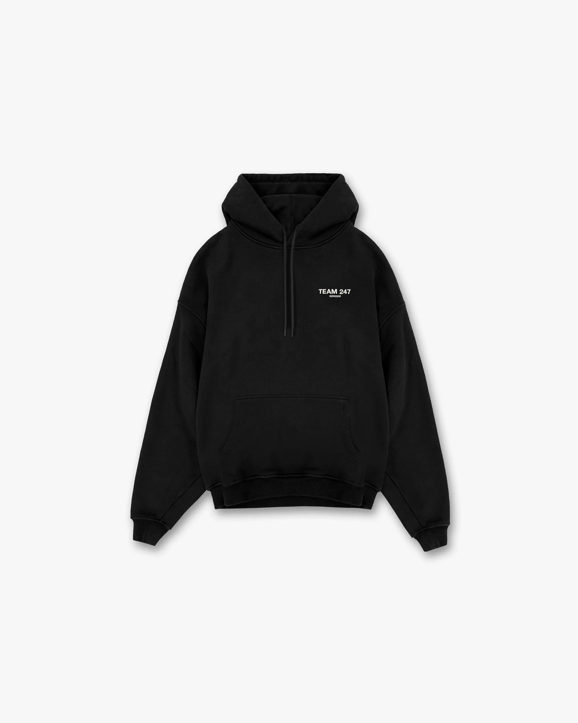 Front product image of a mens black hoodie on a plain white background | Team 247 Oversized Hoodie in Black | Oversized hoodie with team logo detailing | 247 Hoodies | Represent Clo