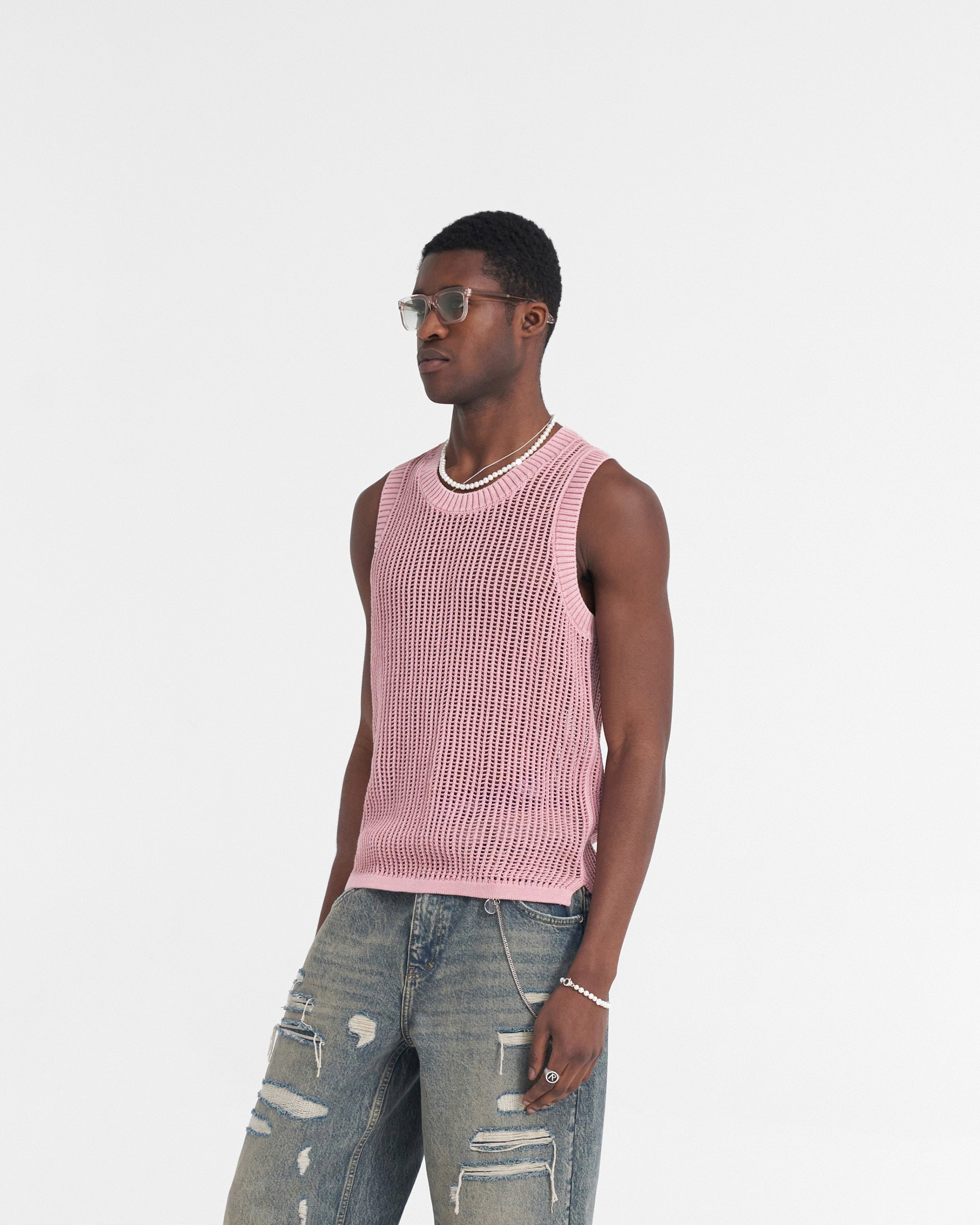 Back product image of a mens yellow knit vest on a plain white background | Washed Knit Vest in Sunrise | Regular fit knitted vest with ribbed neckline | SS24 Knitwear | Represent Clo