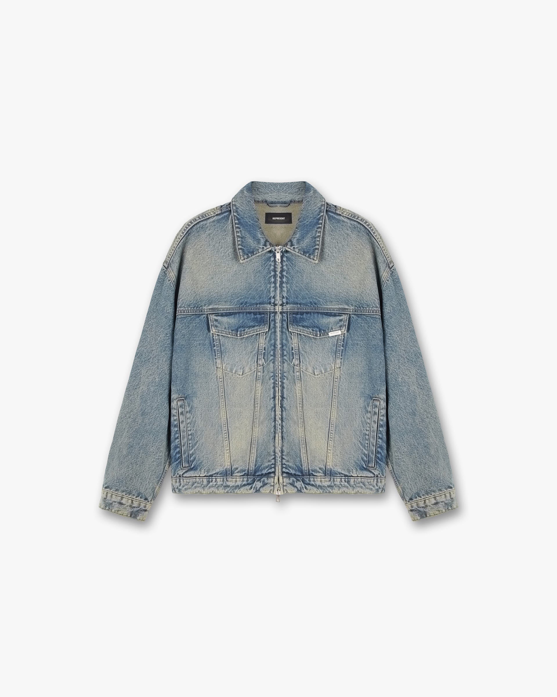 Front product image of a mens blue denim jacket on a plain white background | R4 Denim Jacket in Blue Cream | Denim jacket with structured design | SS24 Denim | Represent Clo