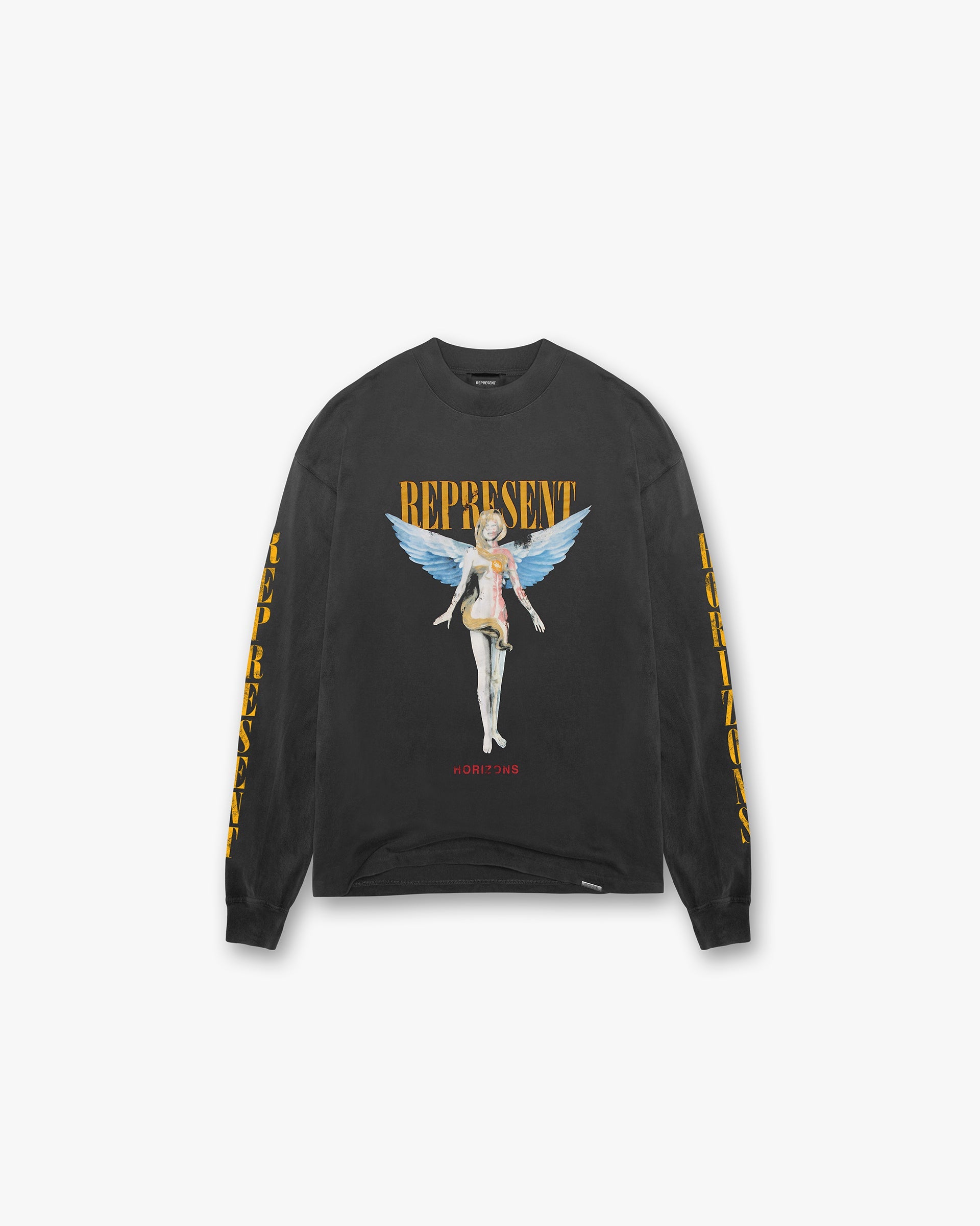 Front product image of a mens black long sleeve t-shirt on a plain white background | Reborn Long Sleeve T-Shirt in Aged Black | Long sleeve t-shirt with oversized fit and Reborn graphic design | SS24 T-Shirts | Represent Clo