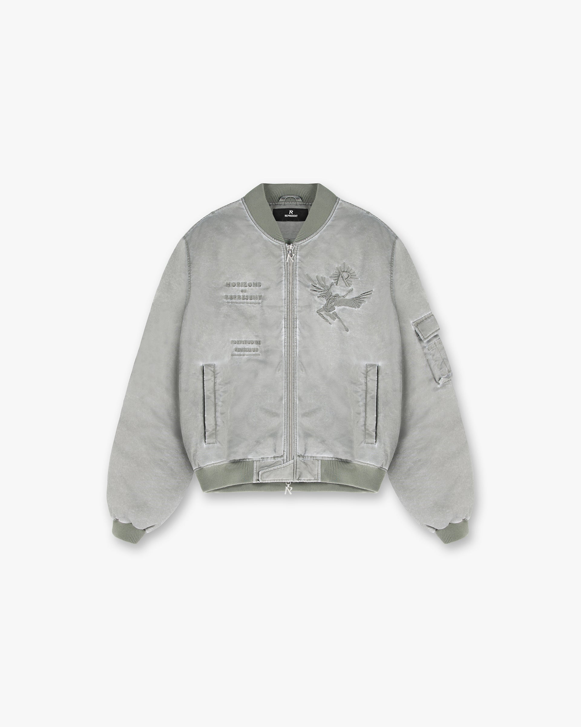 Front product image of a mens khaki bomber jacket on a plain white background | Icarus Flight Bomber in Khaki | Bomber jacket with classic style | SS24 Outerwear | Represent Clo