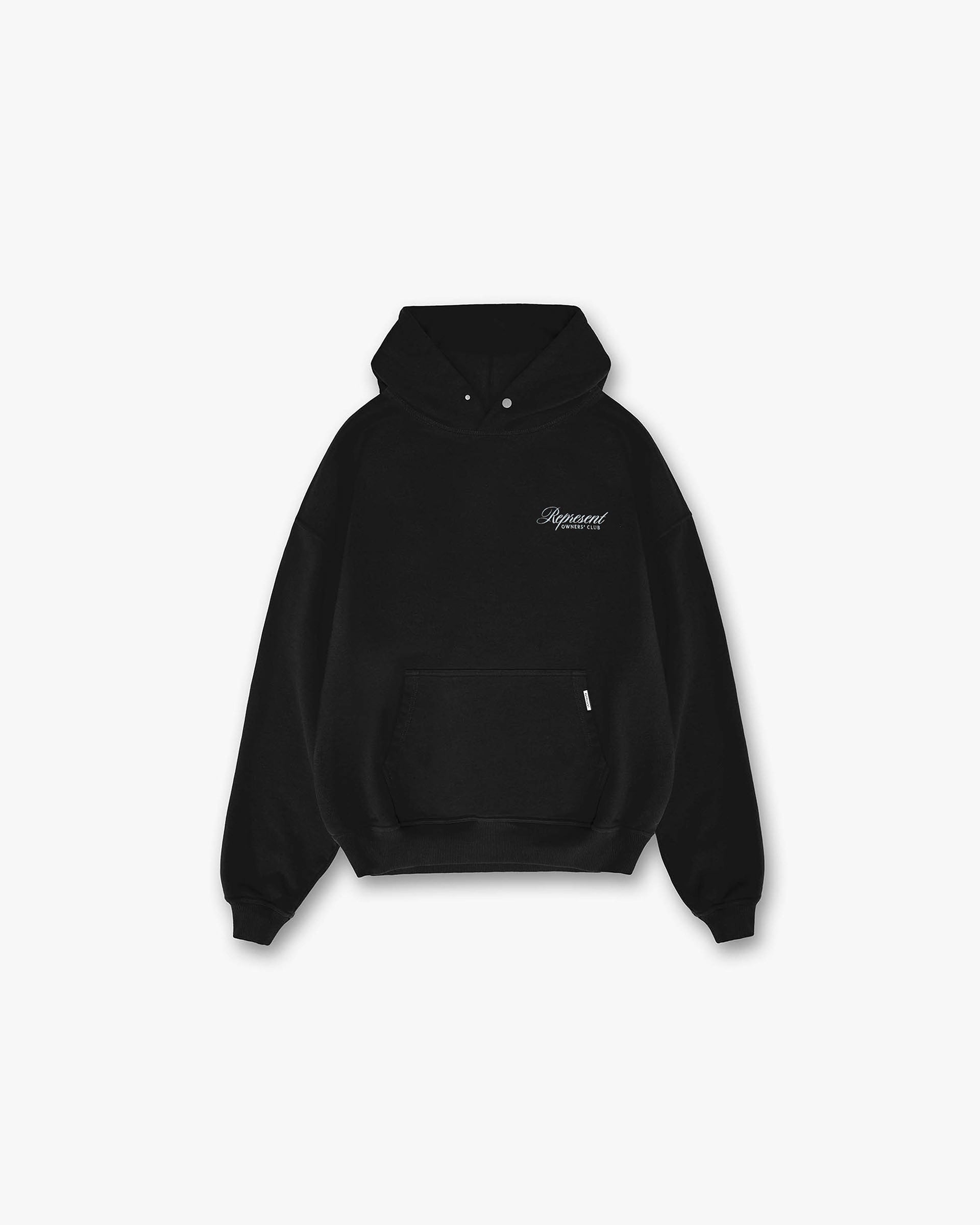 Back product image of a mens black hoodie on a plain white background | Represent Owners Club Script Hoodie in Black | Hoodie with water based screen print script graphic | Owners Club Hoodies | Represent Clo