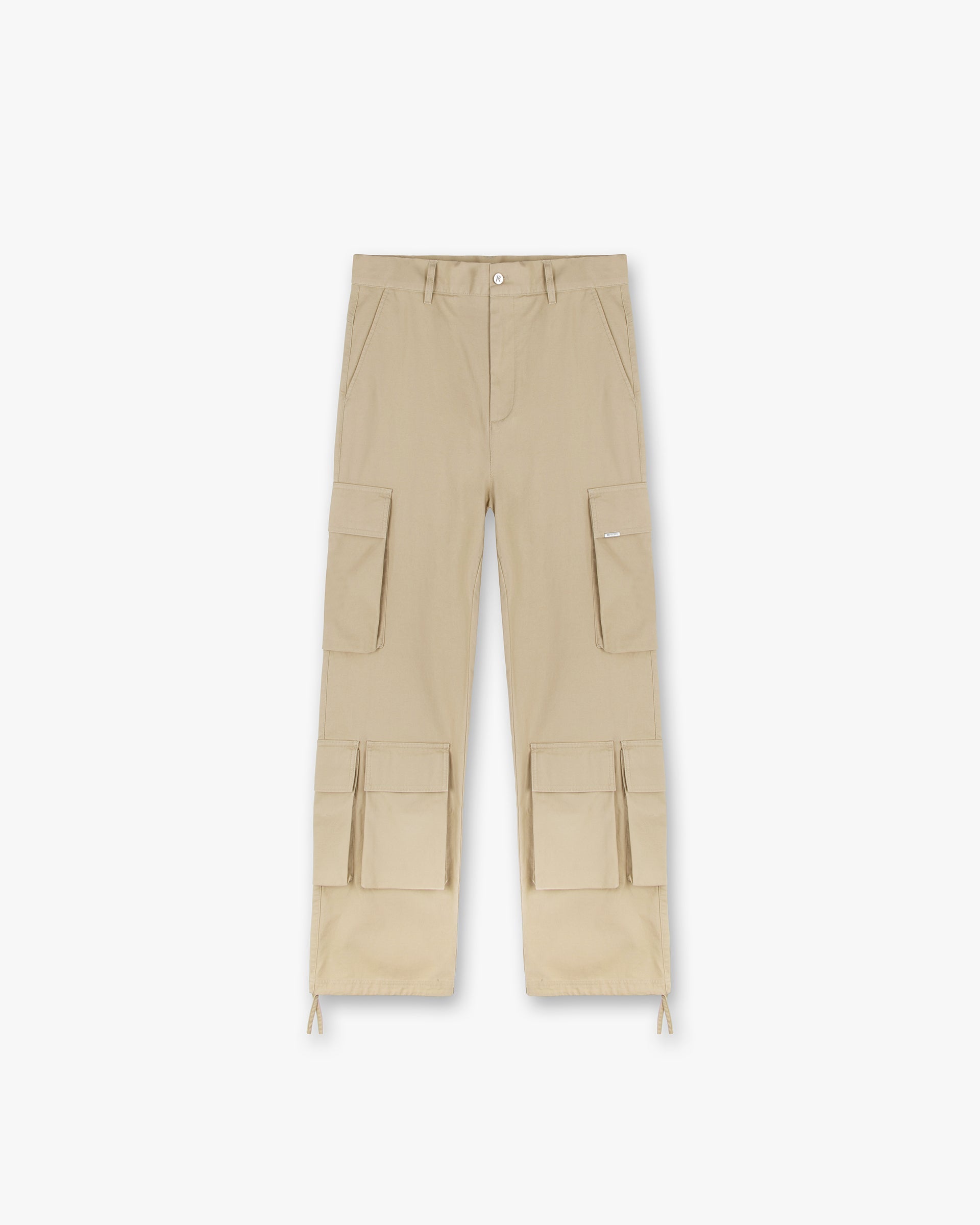 Front product image of mens khaki pants on a plain white background | Baggy Cargo Pant in Sandstone | Baggy pants with hybrid elasticated waistband | SS24 Pants | Represent Clo
