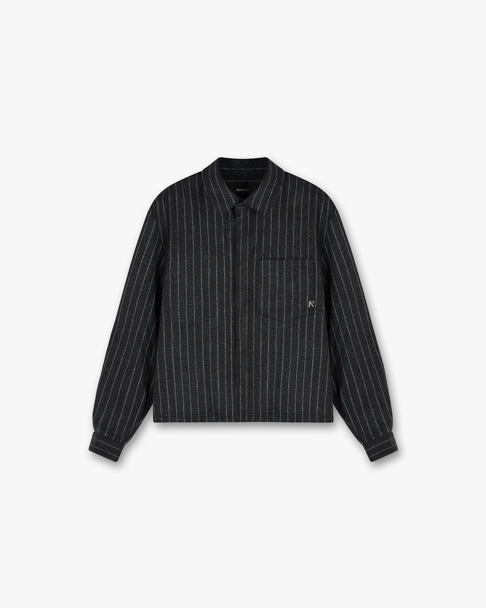 Front product image of a mens black pinstripe shirt on a plain white background | Cropped Dress Shirt in Black Pinstripe | Cropped shirt with pinstripe pattern | SS24 Shirts | Represent Clo